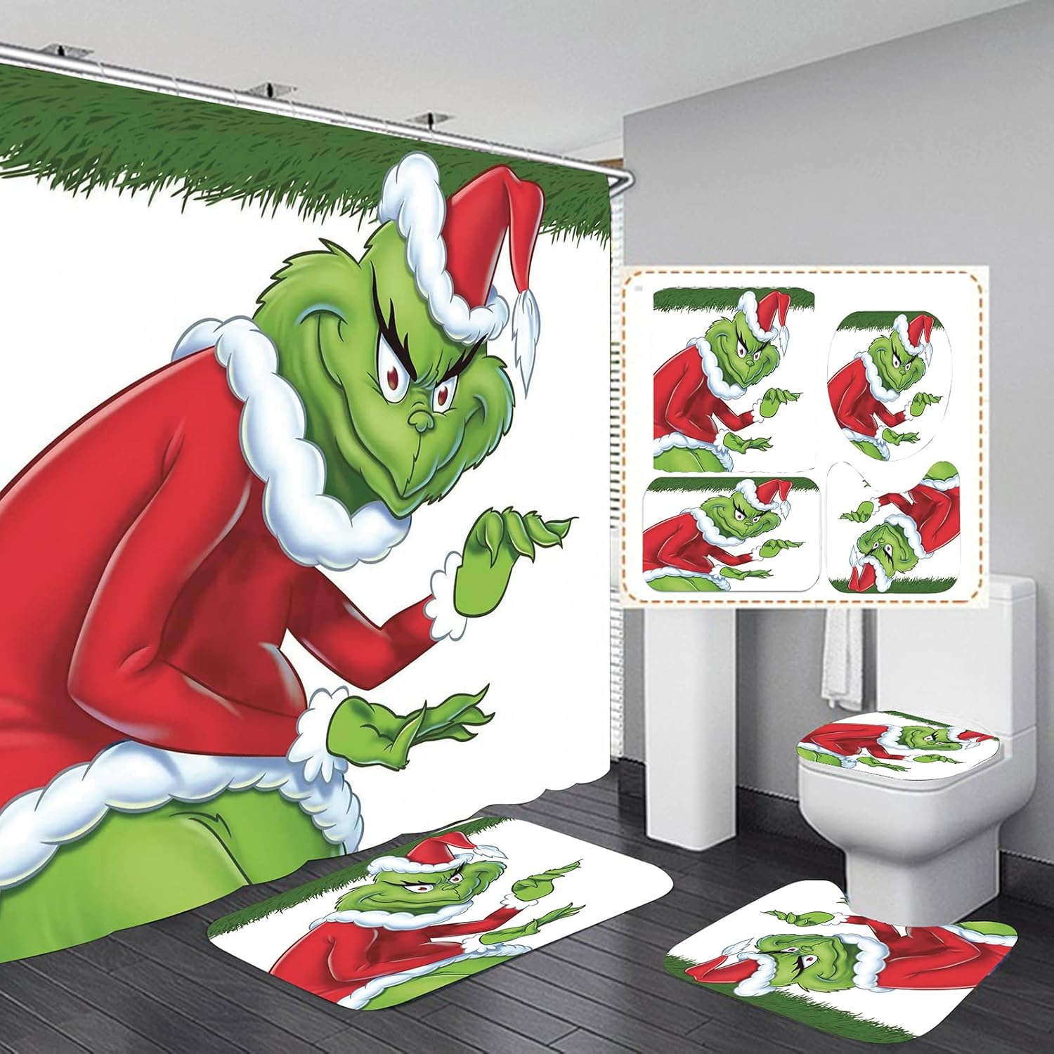 AISky Cortina de ducha de Navidad, tapete de baño, cubierta para tapa de inodoro para baño, juegos de 4 piezas con 12 ganchos, dobladillo de plomo