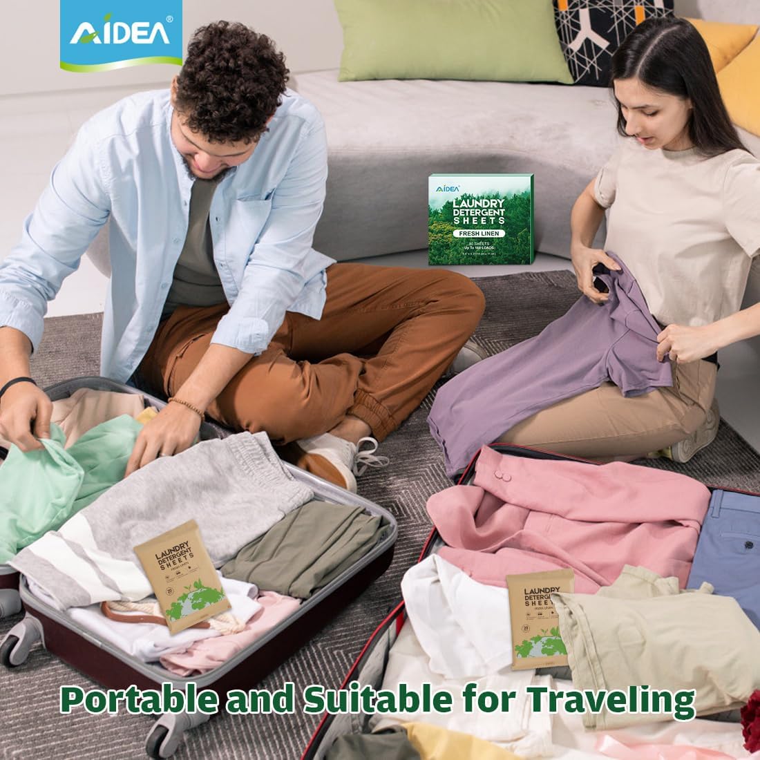 AIDEA Hojas de detergente para ropa, aroma fresco (100 cargas), 50 hojas, detergente ecológico e ingredientes naturales, sin jarra de plástico,