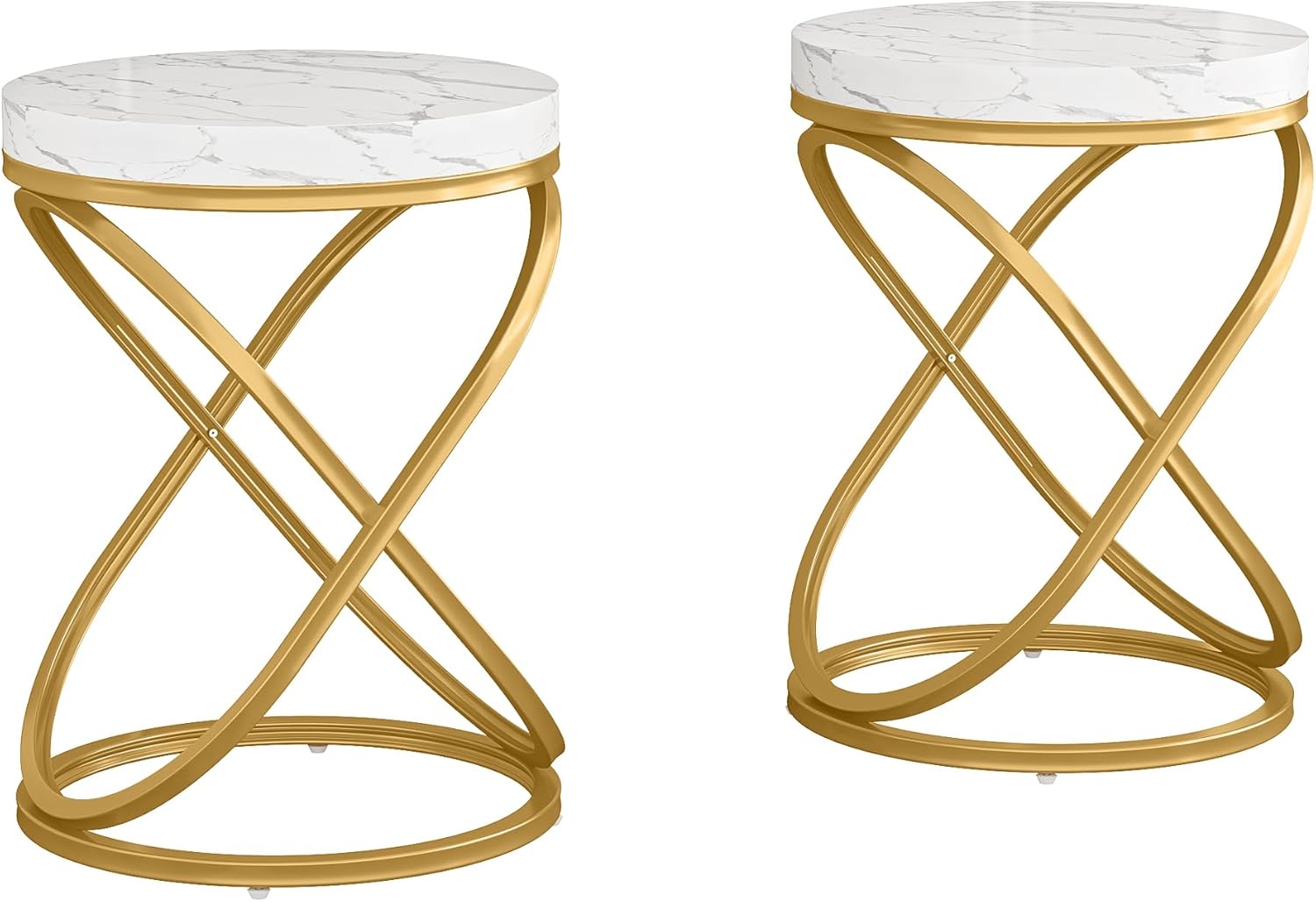 Juego de 2 mesas auxiliares redondas de mármol sintético blanco con marco de metal dorado, mesas decorativas modernas de mediados de siglo para sala