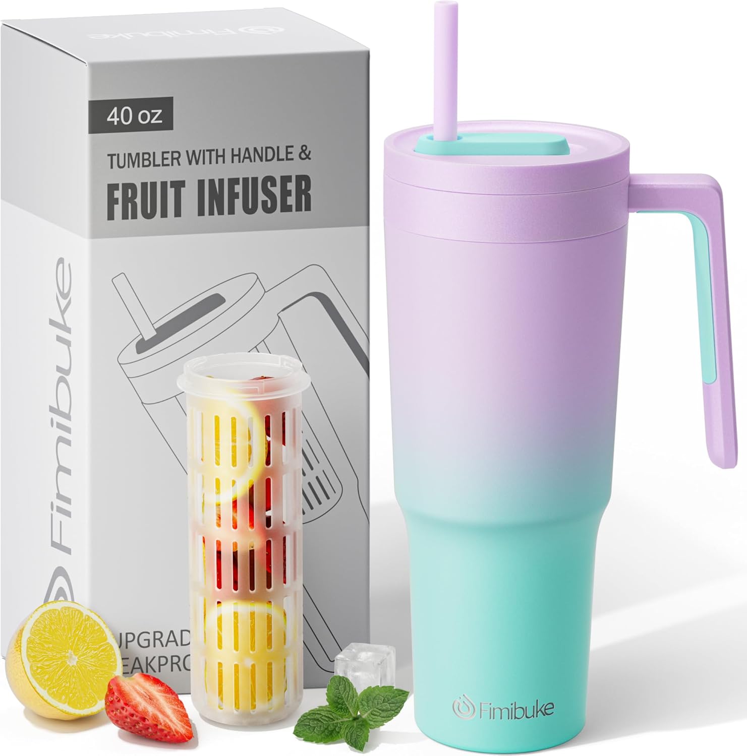 Fimibuke Vaso de 40 onzas con asa e infusor de frutas, taza aislada al vacío de acero inoxidable con tapa y pajilla, botella de infusión de agua,