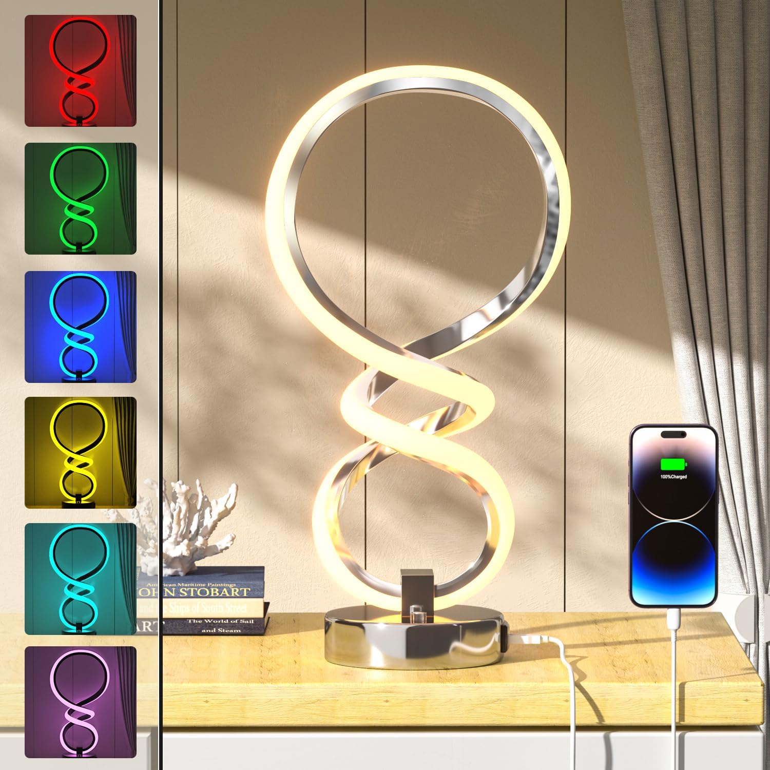 Moderna lámpara de mesa RGB en espiral, 7 colores y 10 modos de luz, lámpara LED regulable táctil con puerto de carga USB, lámparas decorativas