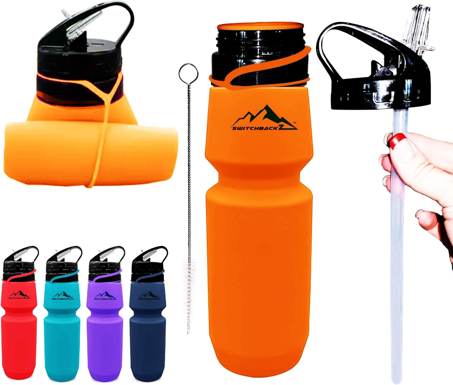Botella de agua plegable (25 onzas), botella de agua plegable de silicona sin BPA que ahorra espacio, con popote extraíble, botellas de agua