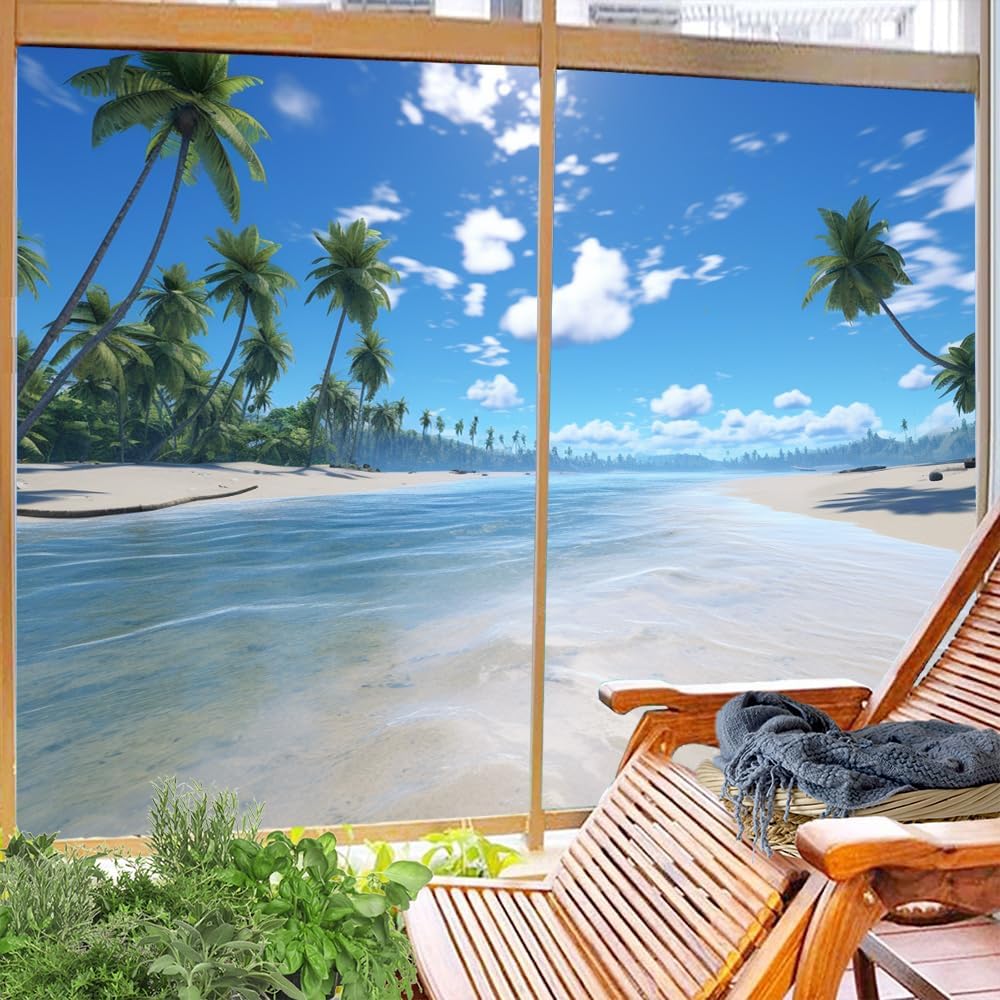 Película de privacidad para ventana, paisaje marino tropical, palmeras de playa, imagen moderna, vitrales, sin pegamento, película estática para