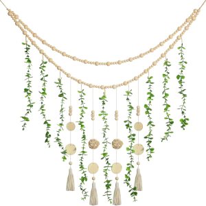 Guirnalda de cuentas de madera para colgar en la pared, de eucalipto artificial, decoración de vegetación natural, 36 x 36 pulgadas (color simple, Guirnalda de cuentas de madera para colgar en la pared, de eucalipto artificial, decoración de vegetación natural, 36 x 36 pulgadas (color simple,