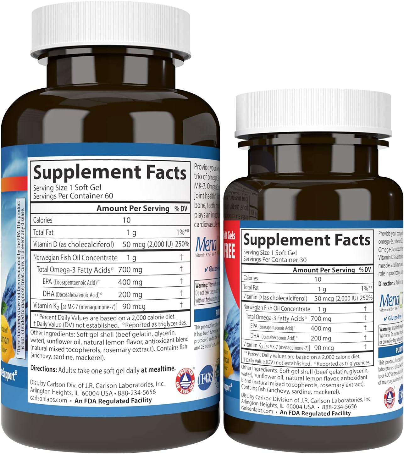 Carlson - Elite Omega-3 Plus D K 700 mg Omega-3s D3 y K2 Función Salud Ósea y Apoyo Inmunológico Limón 6030 Softgel - Imagen 3