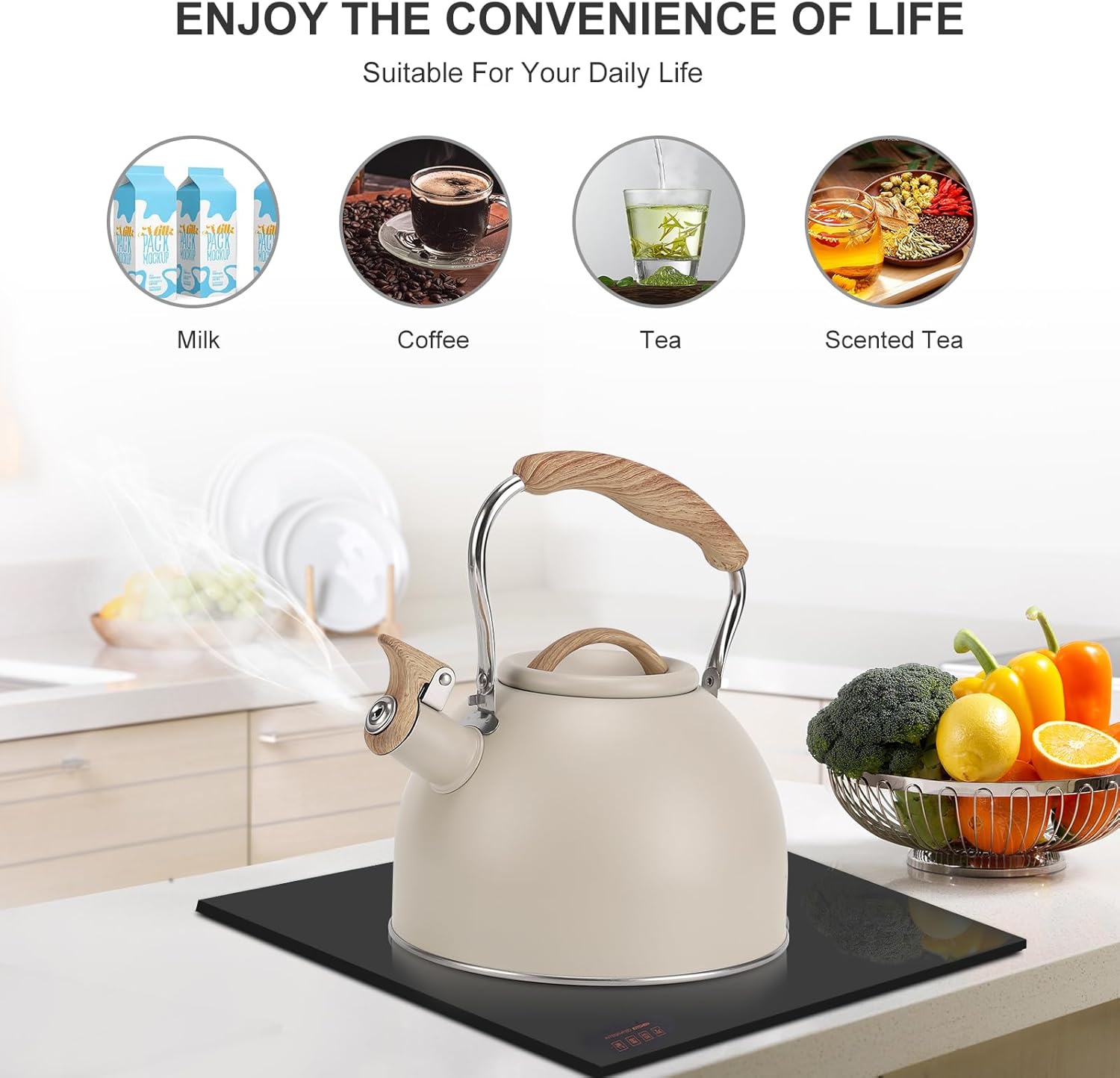 Vegoran – Tetera de 100 onzas  3 litros, tetera para estufa, acero inoxidable de grado alimenticio con mango plegable con patrón de madera, silbato