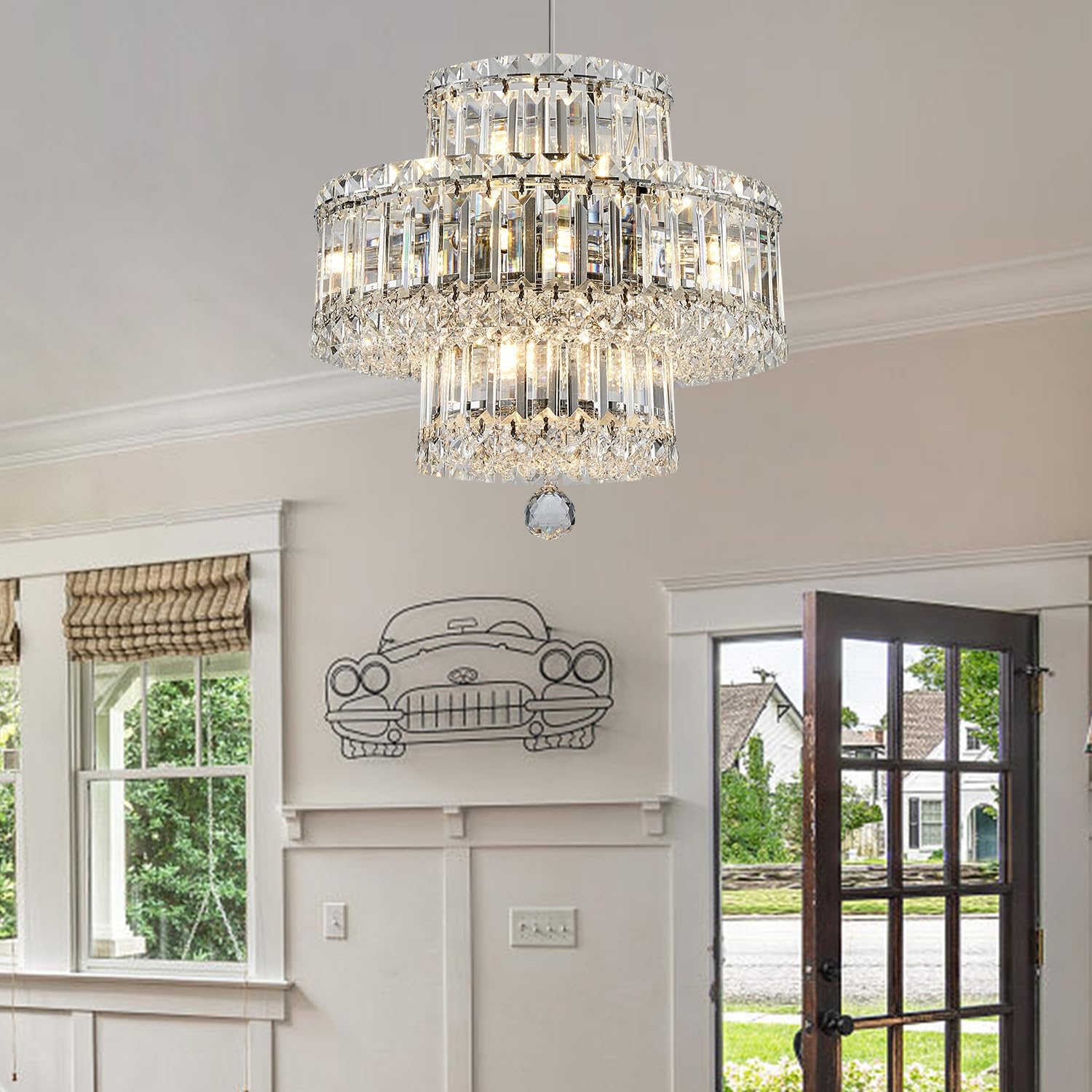 Candelabros de cristal, lámpara de cristal de 15 pulgadas para comedor, 8 luces de techo modernas cromadas, montaje empotrado, 3 neumáticos, lámpara