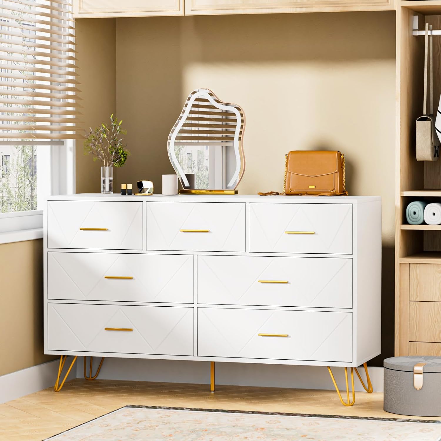 JOZZBY Cómoda para dormitorio, cómoda de 7 cajones, cómoda blanca con asas doradas, cómodas modernas y cómodas, cómoda para niños, para dormitorio,