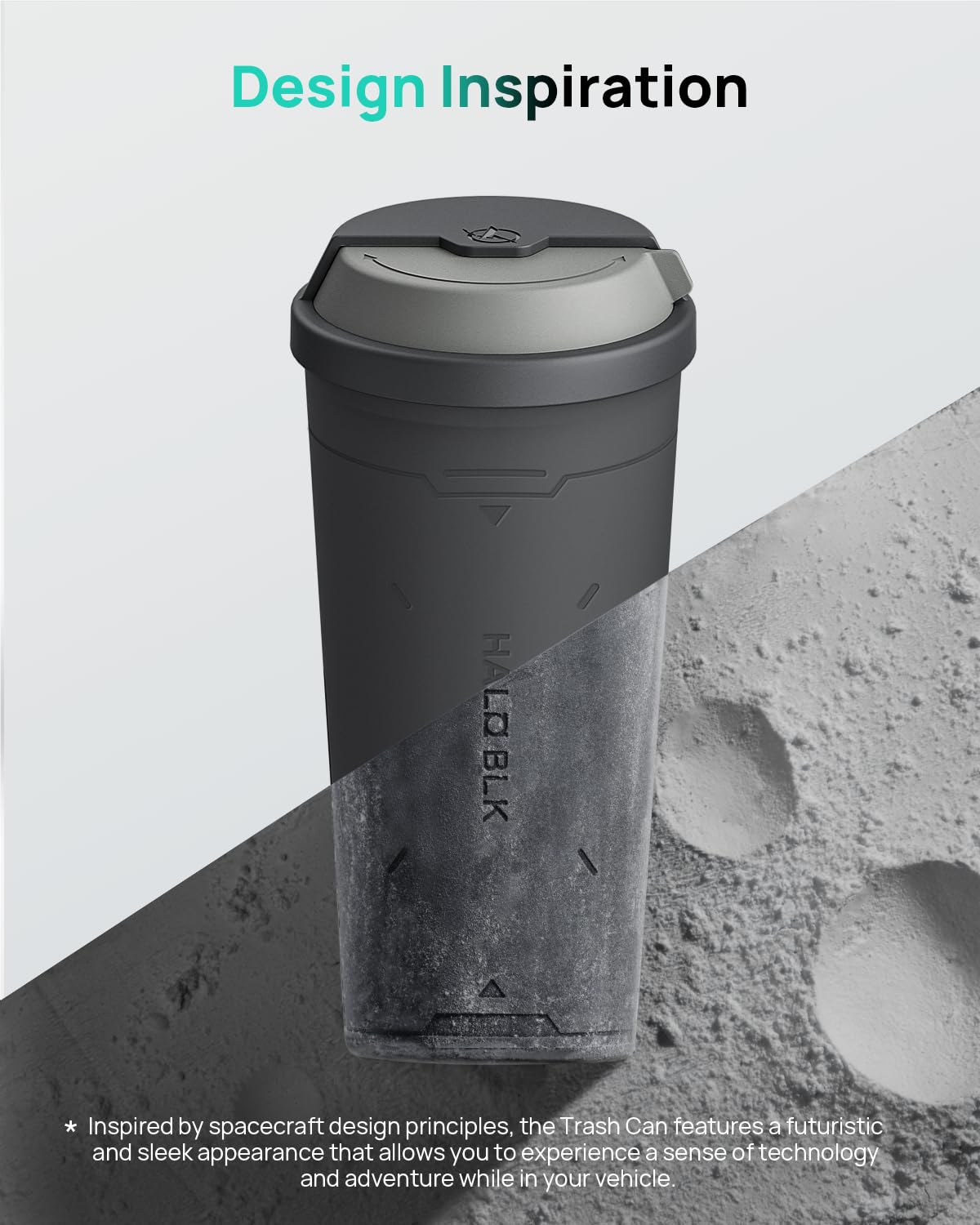 HALO BLK Cubo de basura Space Exploration Edition con tapa giratoria de 180 para Tesla Model 3YS, viene con 15 bolsas de basura biodegradables,