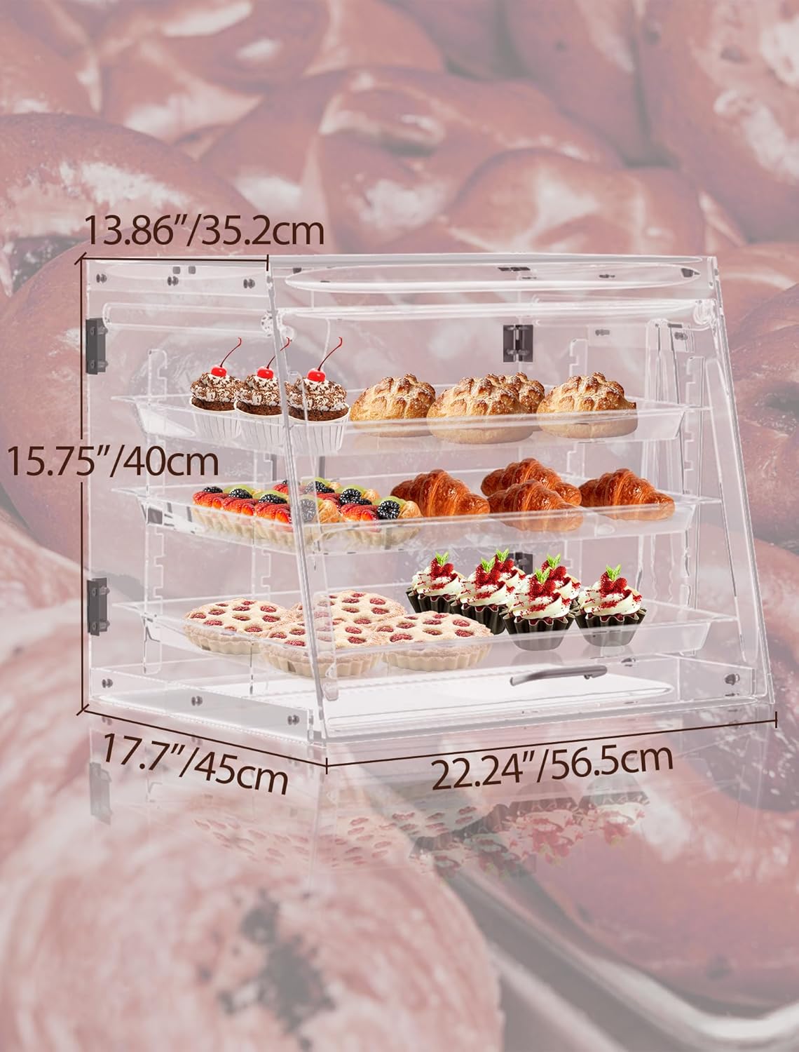 Estuche de exhibición de pastelería, caja de pan transparente, vitrina de panadería extraíble de 3 niveles con pinza para pan, vitrina comercial