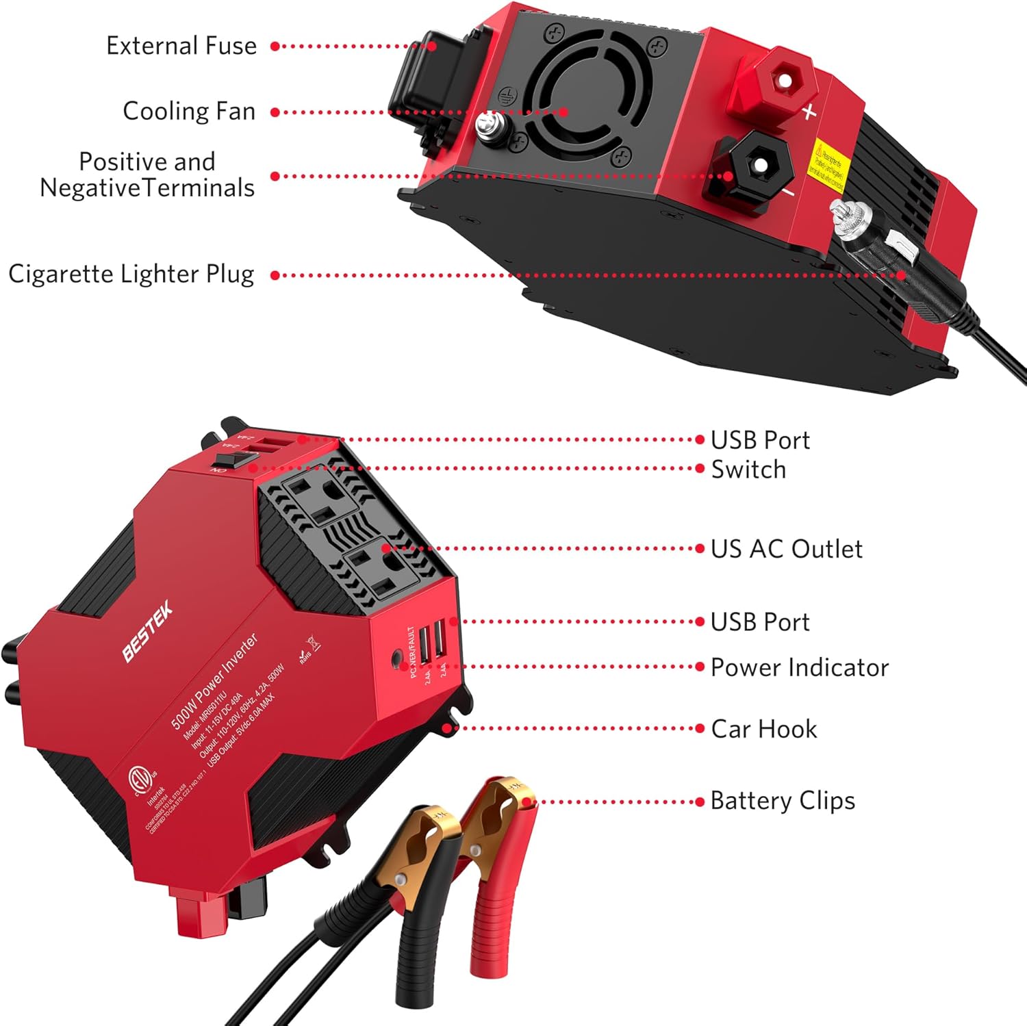 BESTEK Inversor de corriente para automóvil de 500 W, CC 12 V a CA, 110 V, adaptador de enchufe de automóvil, convertidor de corriente con 4 puertos