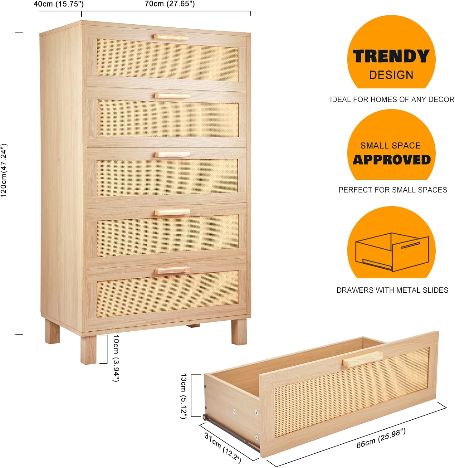 Cómoda de 5 cajones, cómoda, mesa de almacenamiento alta de ratán Hamilton, cómoda de roble para dormitorio, sala de estar