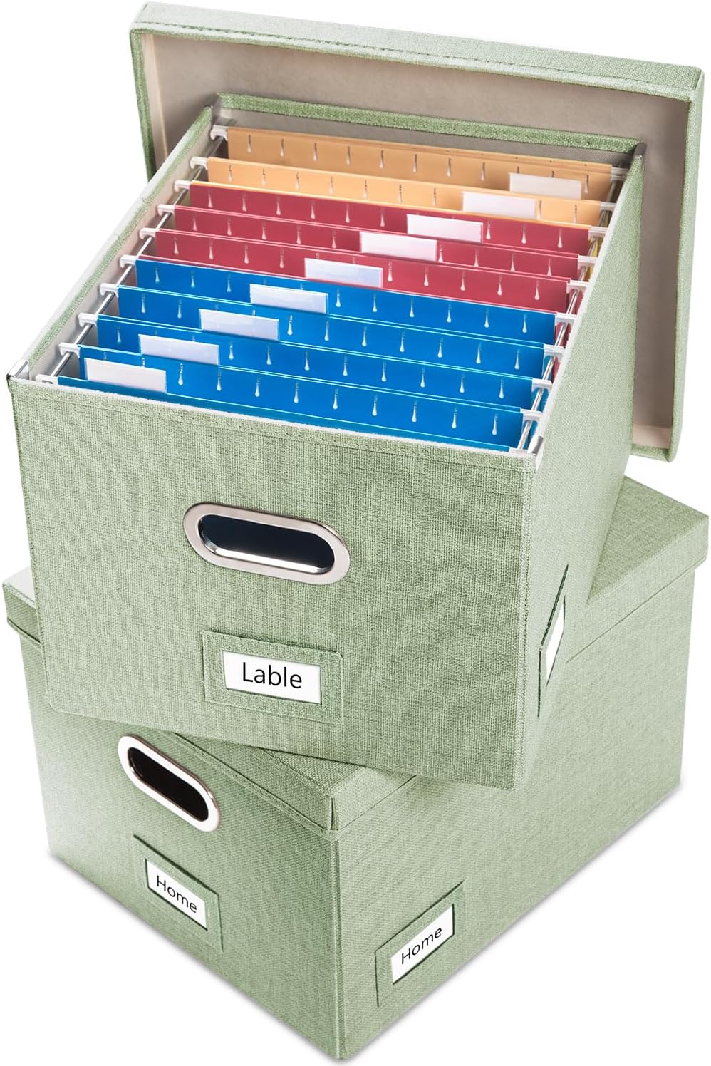 PRANDOM Caja organizadora de archivos, juego de 2 carpetas plegables decorativas de lino para almacenamiento de archivos colgantes con tapas,