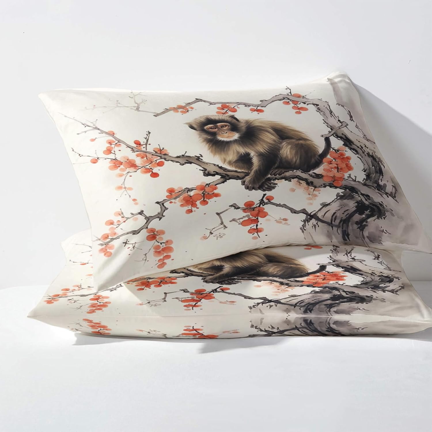 Sábanas de mono tamaño King, sábanas de cama con estampado de flor de cerezo, juego de 4 piezas – Sábana bajera ajustable de microfibra suave con