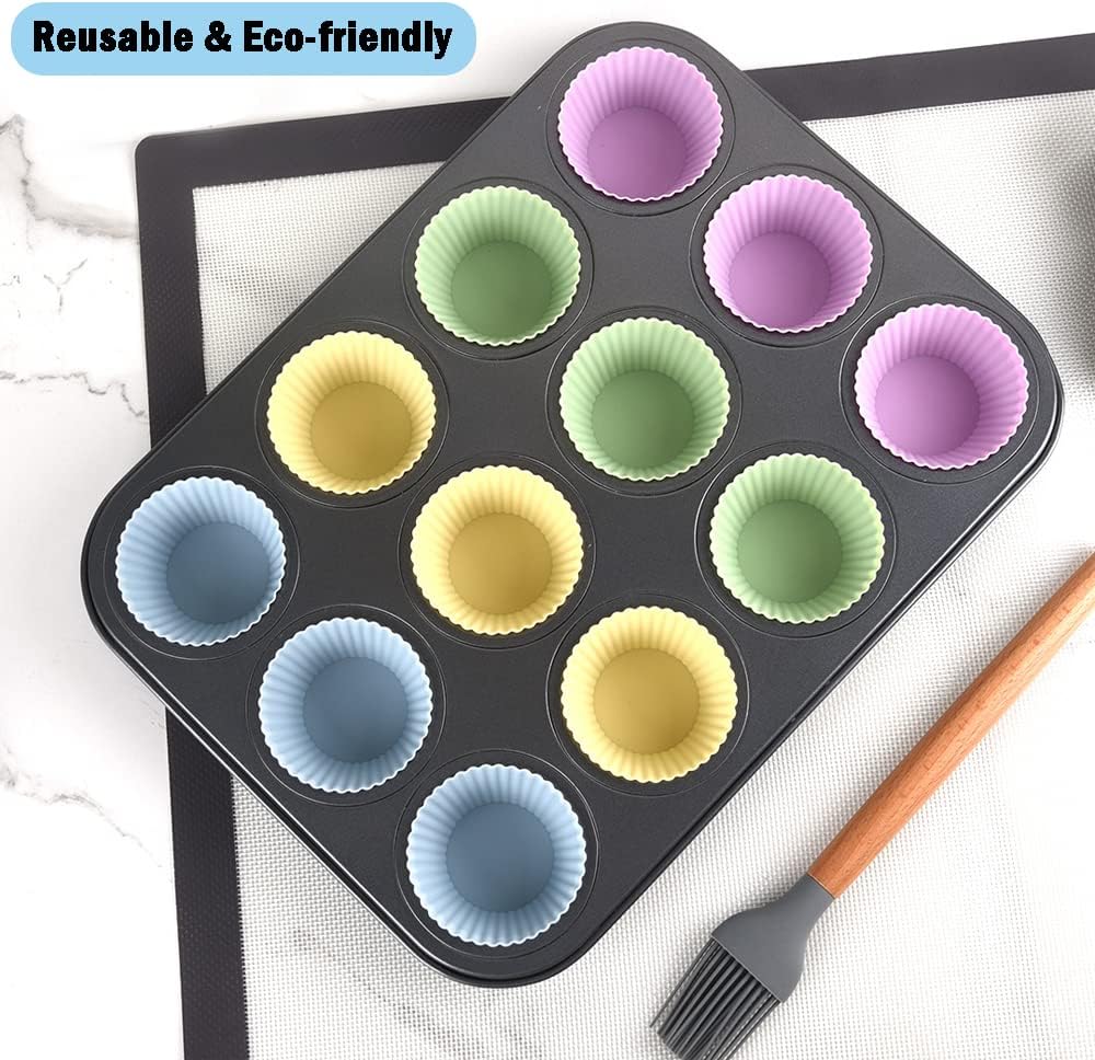 Juego de 24 tazas de silicona para hornear, reutilizables, antiadherentes, forros para magdalenas, magdalenas, no tóxicos, sin BPA, para pudín,
