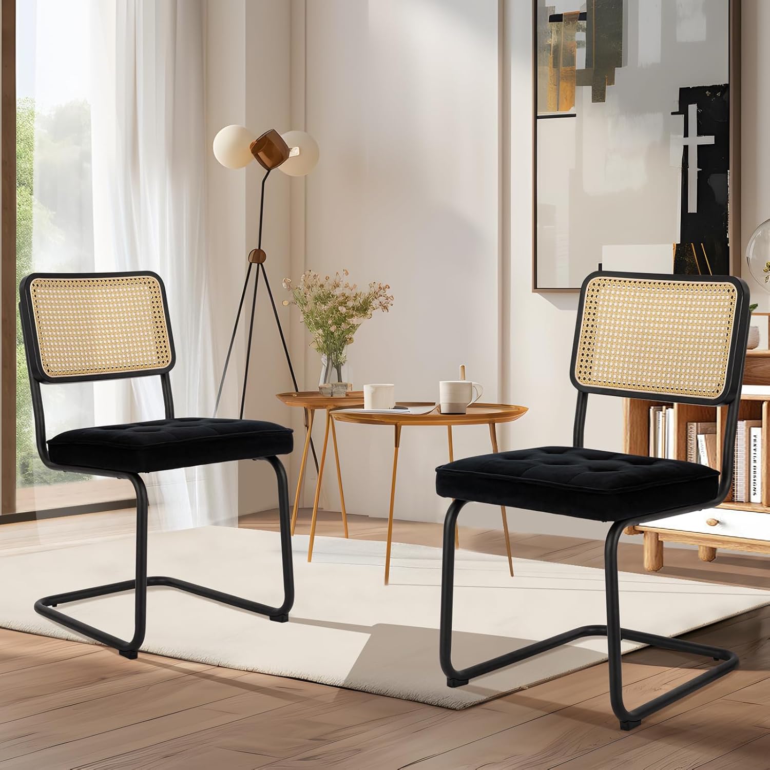 COLAMY Juego de 4 sillas de comedor modernas de mediados de siglo, sillas auxiliares de comedor de ratán de terciopelo con patas cromadas de metal y