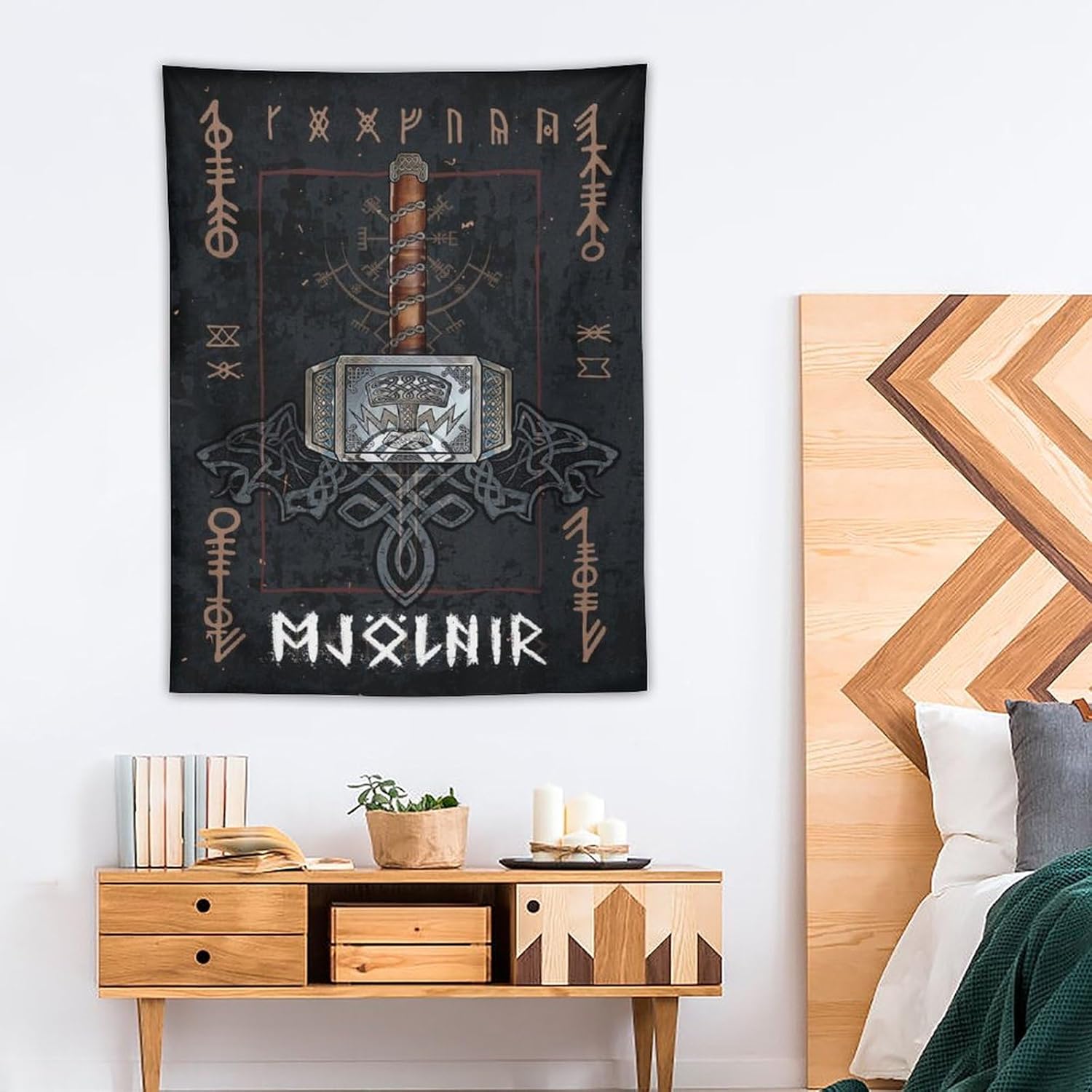 Tapiz de mitología nórdica, tapices de Mjolnir, pintura artística de pared, regalo de sala de estar, impresiones para decoración de dormitorio,