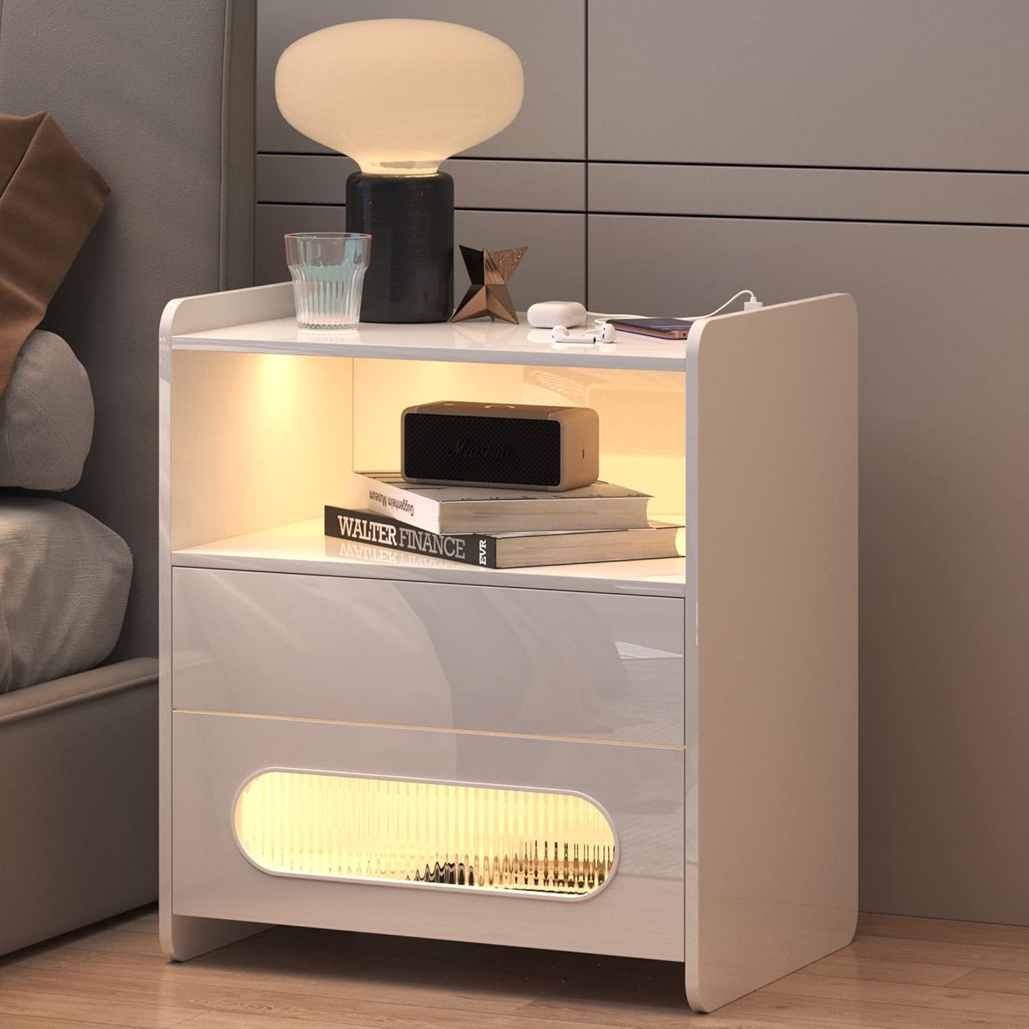 dnbss Mesita de noche LED RGB con estación de carga, moderna mesita de noche con cajones de almacenamiento de joyas, soporte de noche inteligente