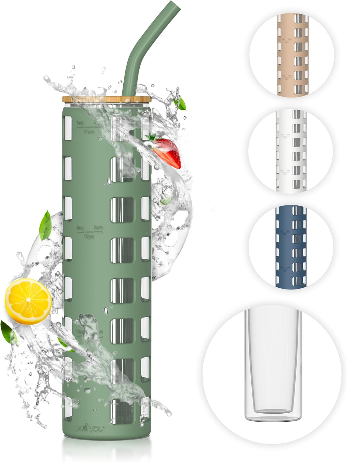 purifyou Vaso de vidrio de 20 onzas con popote, tapa de bambú y funda protectora de silicona, vaso de agua de doble pared para batidos, té Boba,
