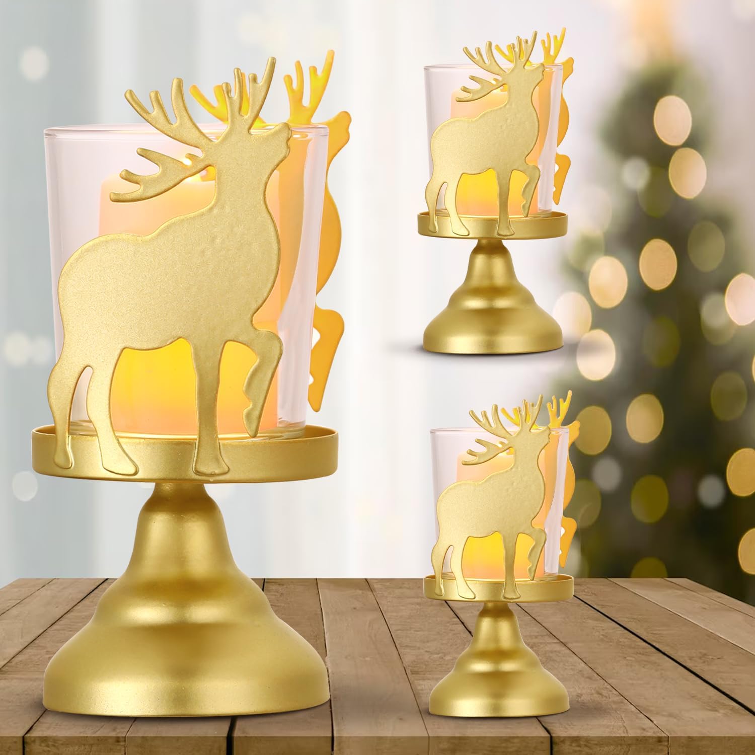 Portavelas de Navidad, decoración de mesa rústica pequeña con elegante diseño de reno dorado, juego de 3 portavelas de pilar mental, centros de mesa