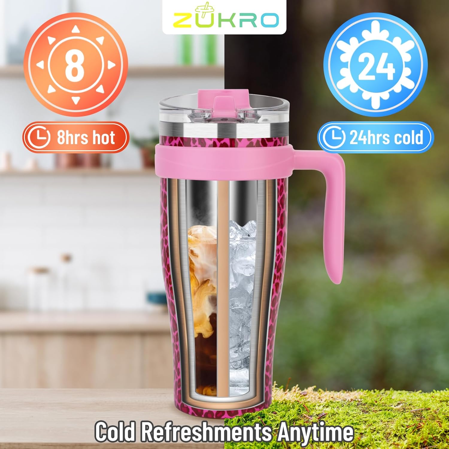 Vaso de 40 onzas con asa y popote abatible, vaso de acero inoxidable aislado con tapa para sorbopopote 2 en 1, taza de viaje a prueba de fugas, cabe