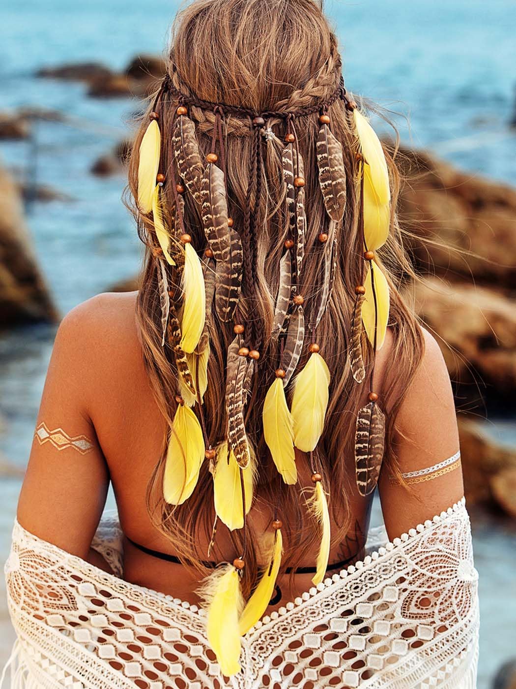 CAKURE Tocado de plumas estilo bohemio hippie, tocado de plumas indias, bandas ajustables para el cabello, accesorios para el cabello de plumas
