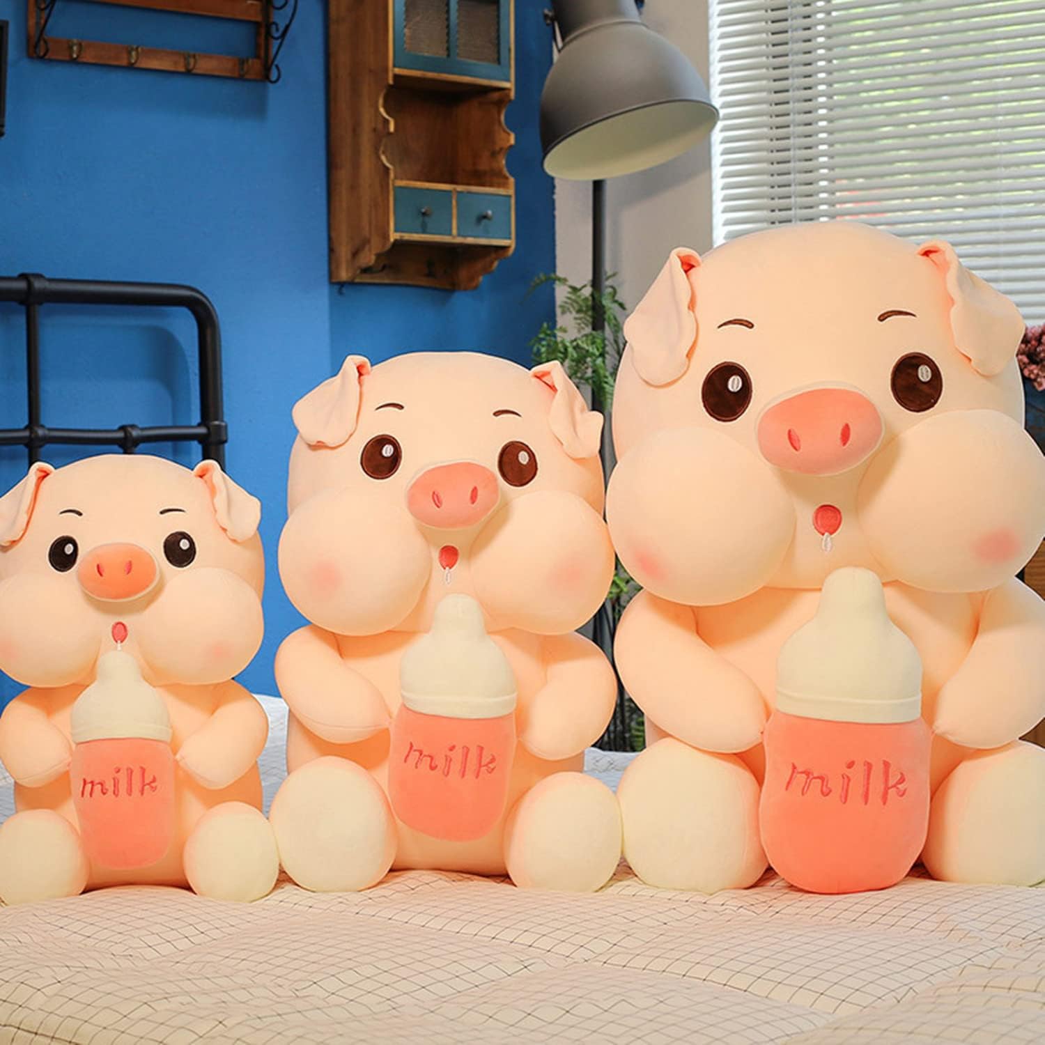 Juguete de peluche de cerdo de 13.7 pulgadas, linda almohada de cerdo con botella de leche de peluche de cerdo para abrazar, regalos para niños,