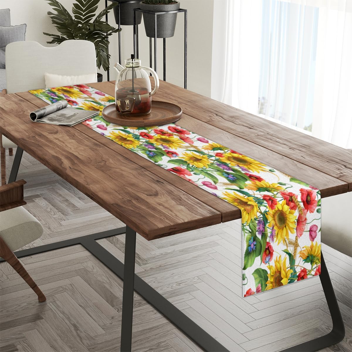 Table Runner Sunflowers Flowers, Autumn Rustic Linen Table Cloth Kitchen Dining Table Decor for Home Party 13 x 72 Inches
