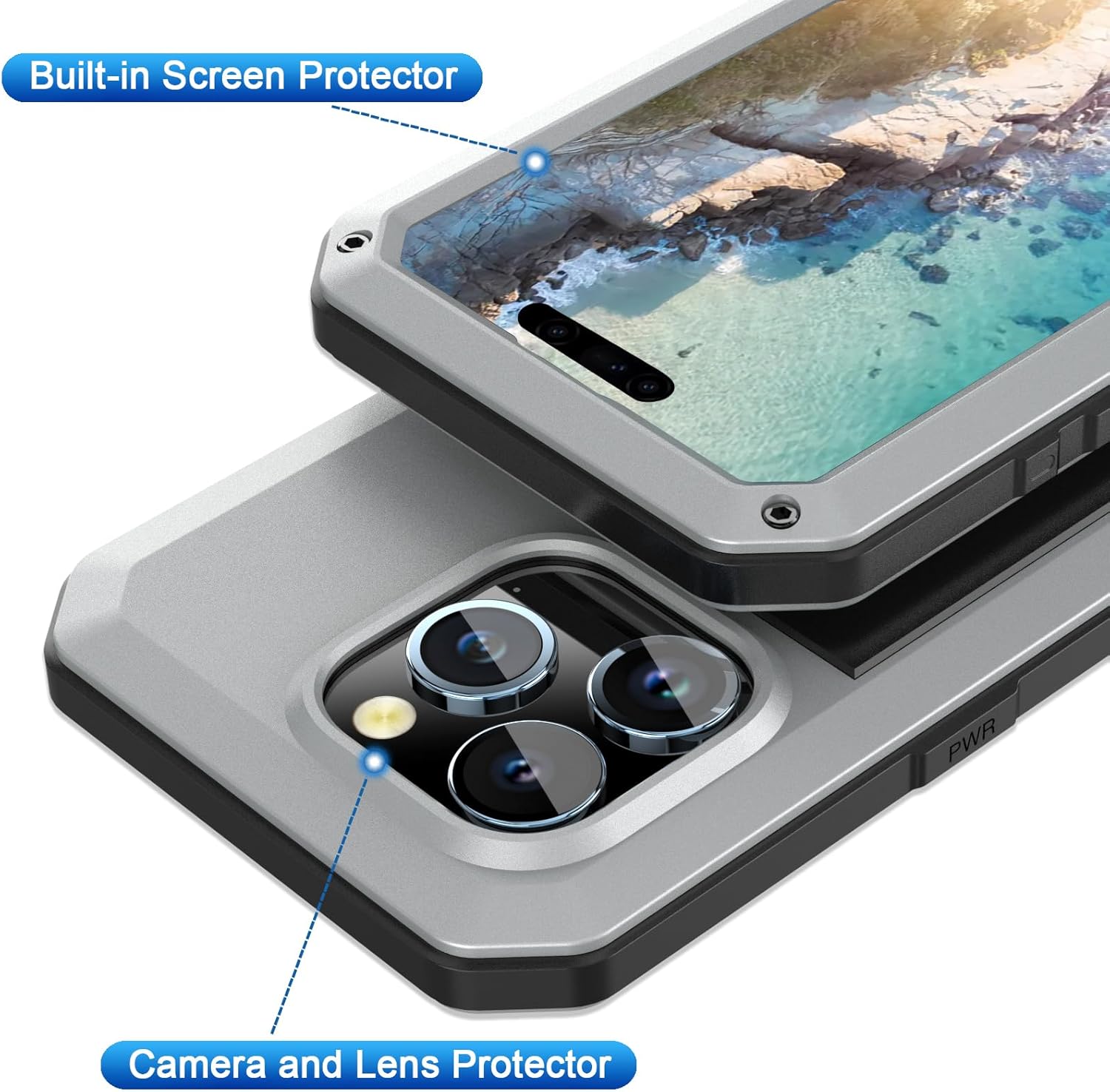 Marrkey Compatible con iPhone 15 Pro Max, funda protectora de cuerpo completo 360, resistente a los golpes Armadura resistente Funda de metal de