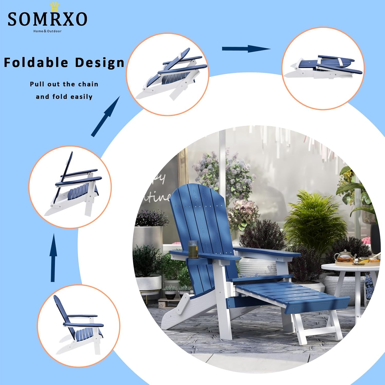 SOMRXO – Sillas Adirondack de plástico con otomana plegable, silla Adirondack plegable con portavasos, silla para hoguera, silla de patio al aire