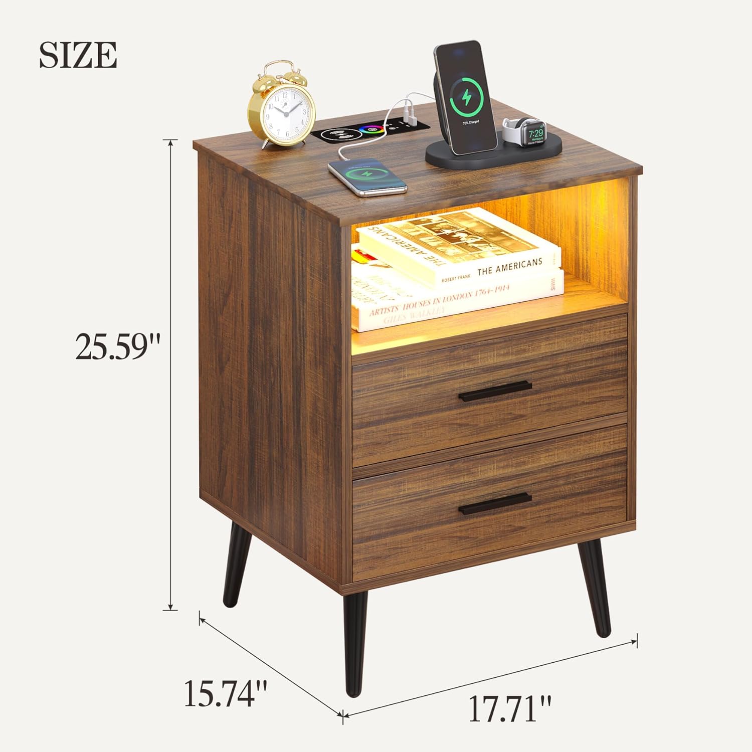 FREDEES Mesita de noche con estación de carga (inalámbricaUSBtipo C) y luces LED, mesa auxiliar inteligente, mesita de noche de madera con cajones,