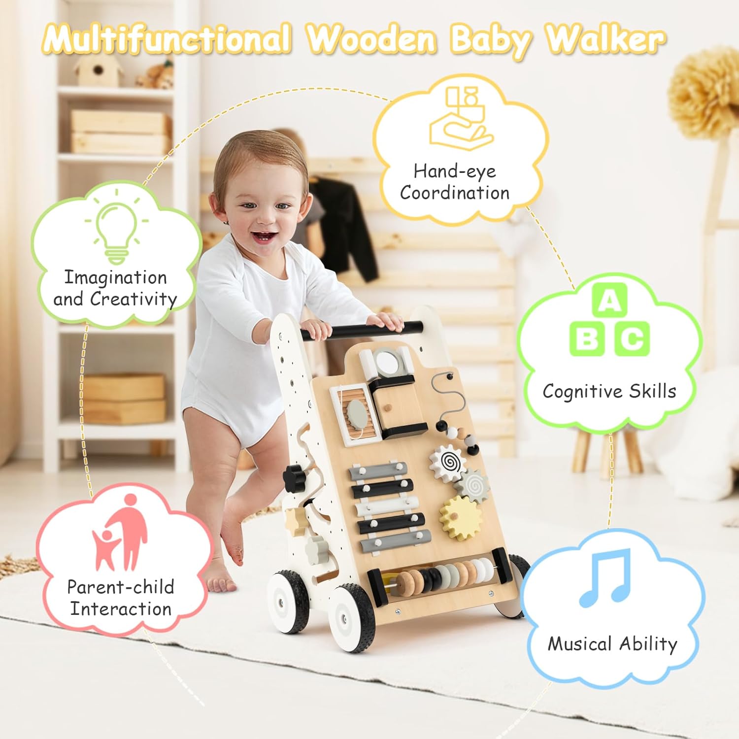 BABY JOY Andador de madera para bebés, centro de actividades de aprendizaje de pie para empujar y tirar, juguete educativo Montessori para niños
