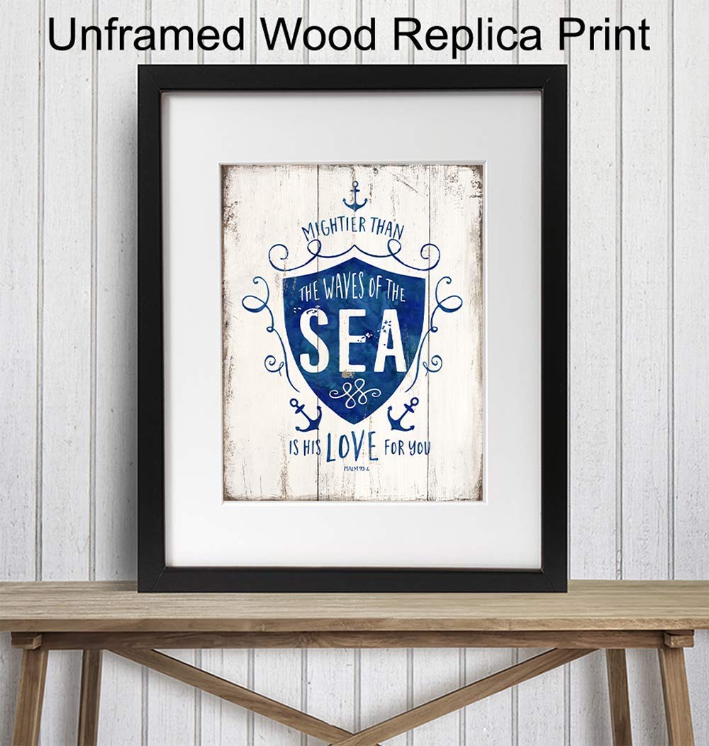 Mightier Than the Waves Religious Scripture Wall Decor – Nautical Beach House, Ocean Home Decoration – Bible Verse Wall Art – Gift for