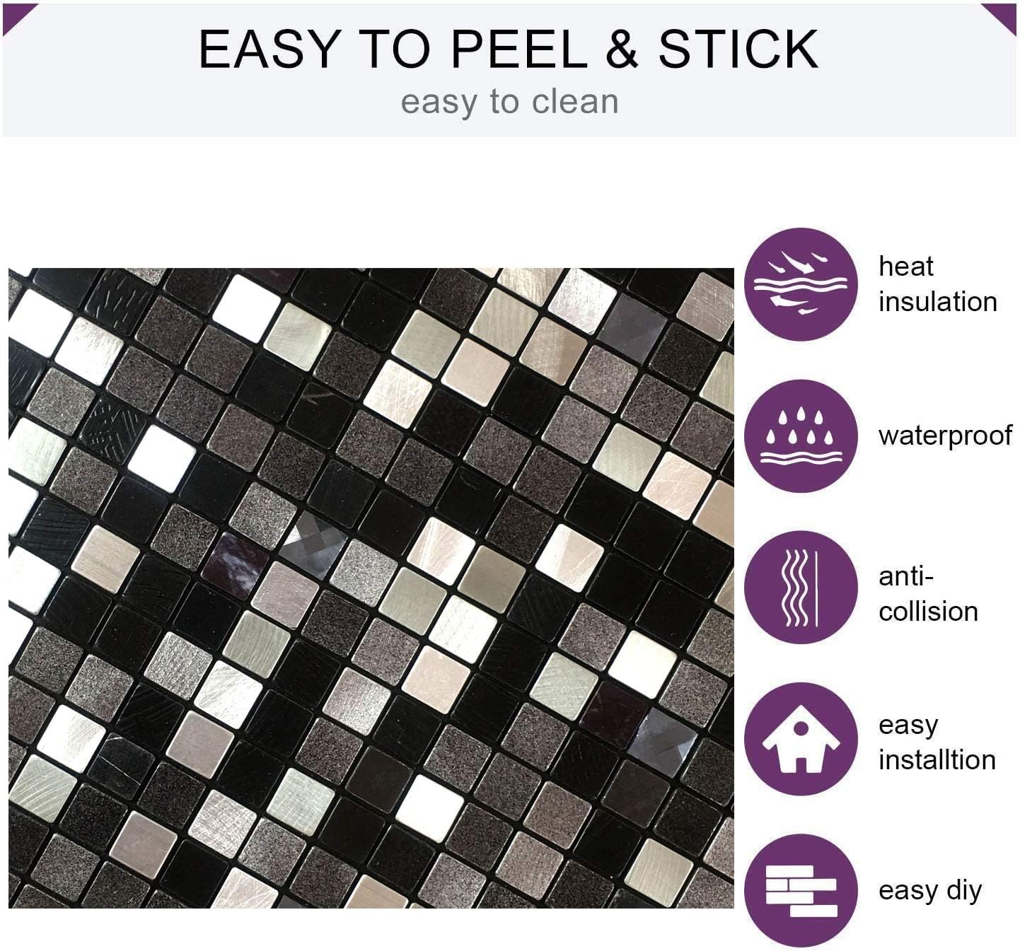 10 hojas autoadhesivas de mosaico de aluminio para despegar y pegar, azulejos de metal 3D para pared contra salpicaduras para cocina y baño (12 x 12