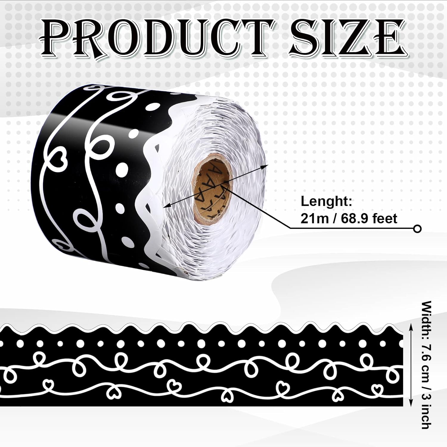 Bordes festoneados de 69 pies para el aula, garabatos y puntos, bordes de tablón de anuncios, puntos de remolino blanco y negro, papel enrollado