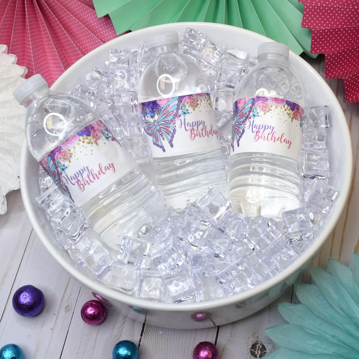 AmandaCreation – Envoltura de calcomanías impermeables para botellas de agua con temática de mariposas y acuarelas florales, 20 etiquetas