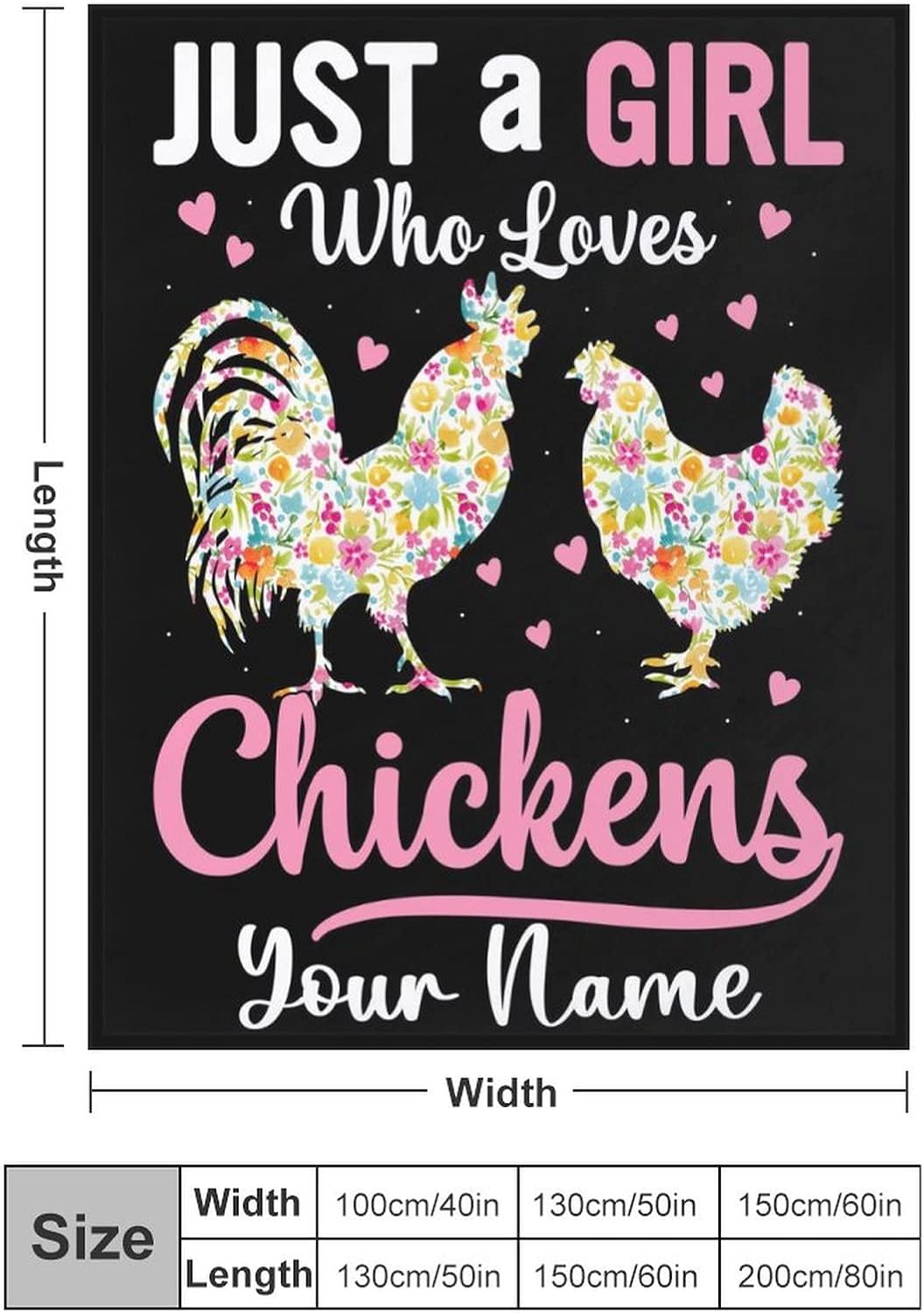 Manta de pollo personalizada con nombre, 40 x 30 pulgadas, bonita manta para niñas y mujeres, mantas suaves y peludas negras para regazo y silla
