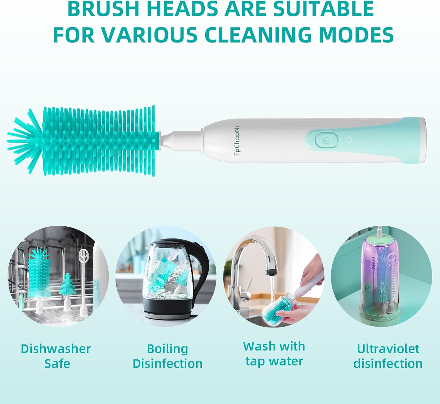 TpChapNi Juego de cepillos eléctricos para biberones de viaje, limpiador de cepillo eléctrico para botellas, Kit de limpiador de botellas de bebé 6