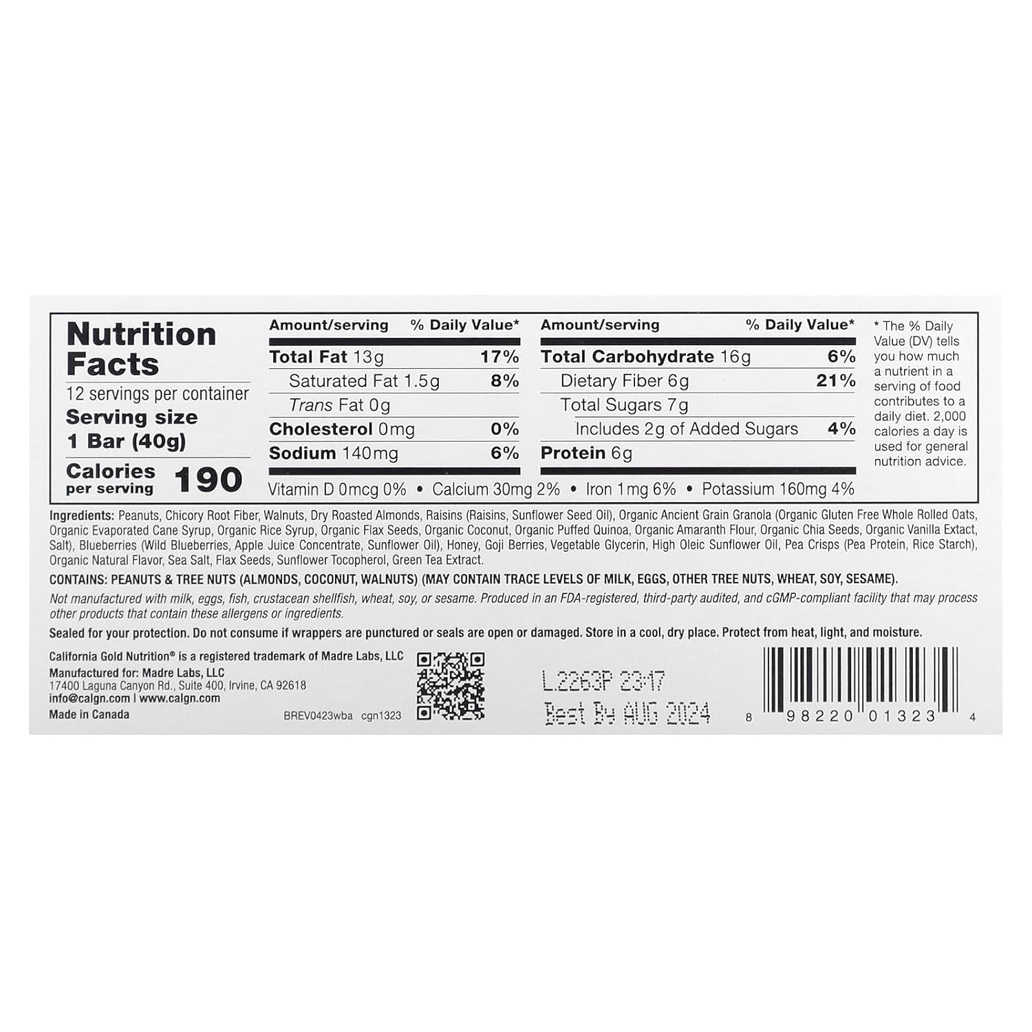 Barras de granola masticables de arándanos salvajes y almendras, 12 barras, 1.4 oz (40 g) cada una, California Gold Nutrition