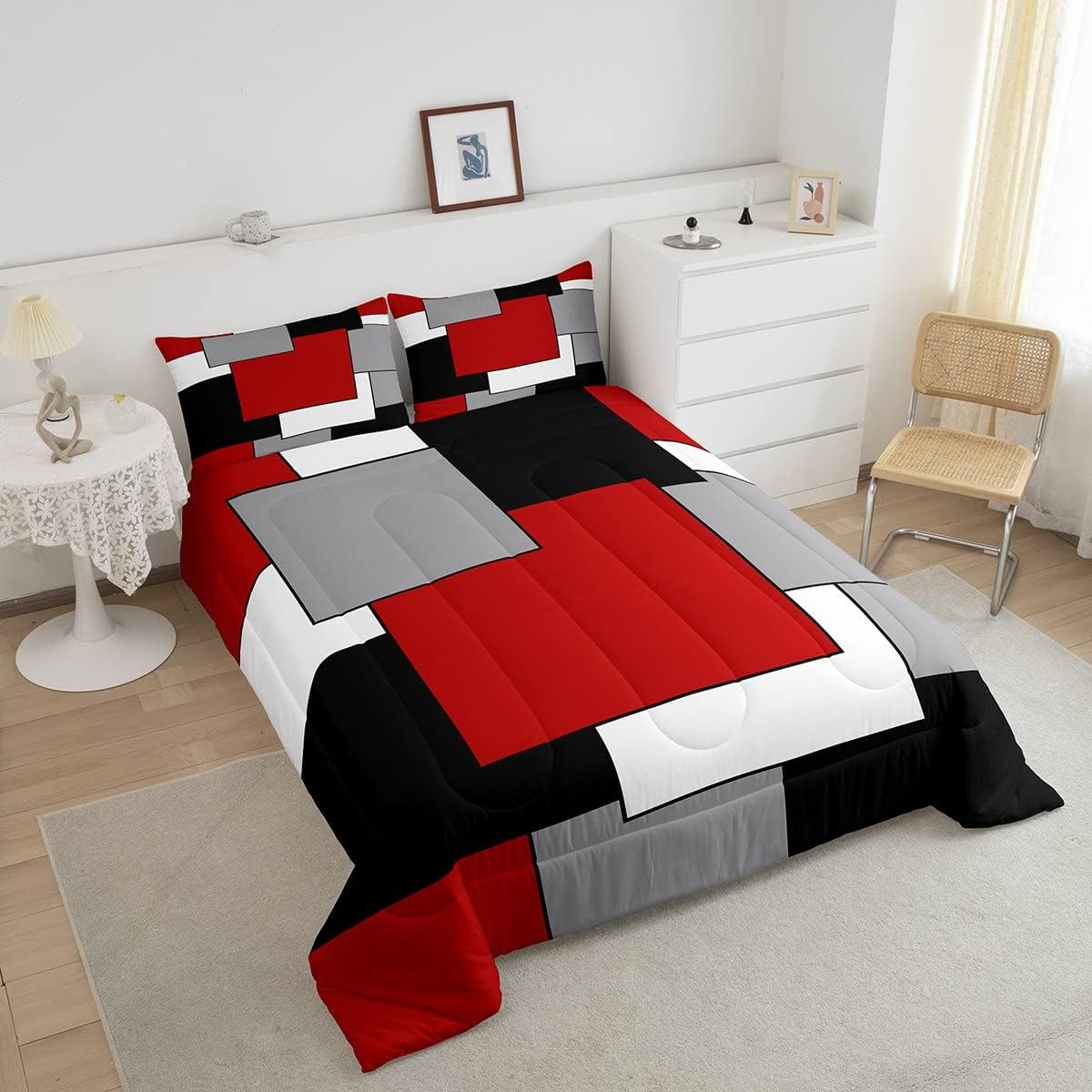 Erosebridal Juego de edredón para mujeres y hombres, juego de ropa de cama cuadrado moderno 3D tamaño matrimonial, juego de edredón geométrico,