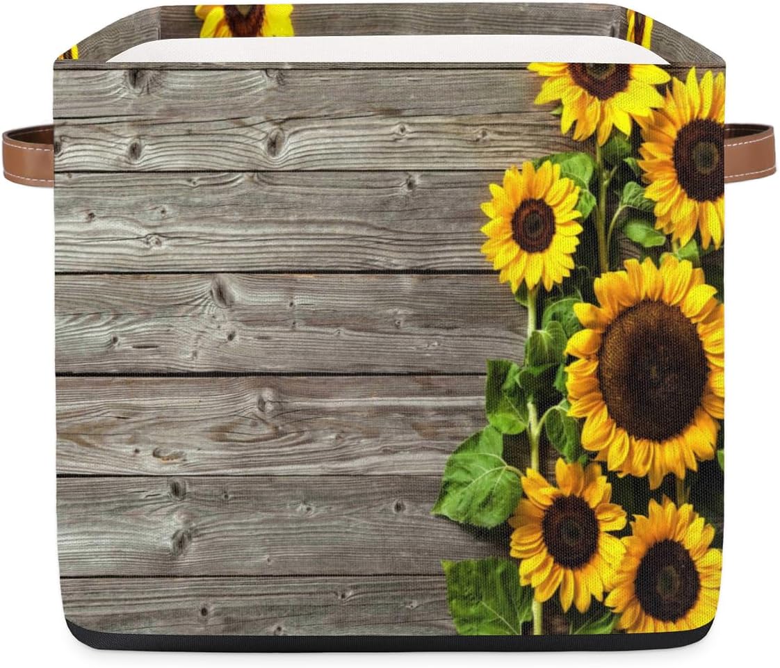 Aglebo Cesta de almacenamiento de girasol de madera, caja de almacenamiento plegable de tela de 13 x 13 x 13 pulgadas, cubos cuadrados con asas para