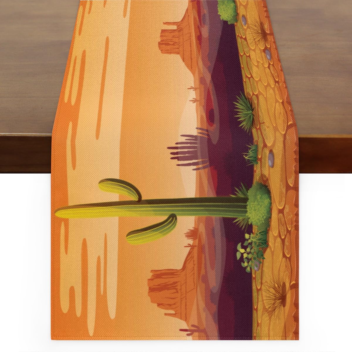Table Runner Cartoon Cactus Desert Landscape, Rustic Linen Table Cloth, Kitchen Dining Table Decoration for Home Party Decor 13 x 48 Inches
