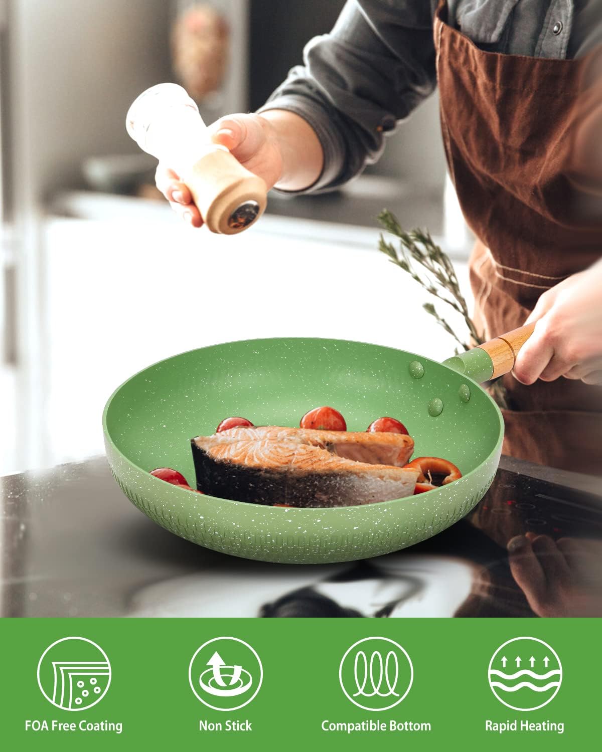 BUNDLEPRO Sartén antiadherente, sartén de revestimiento de granito con mango de madera, utensilios de cocina de aluminio verde compatible con