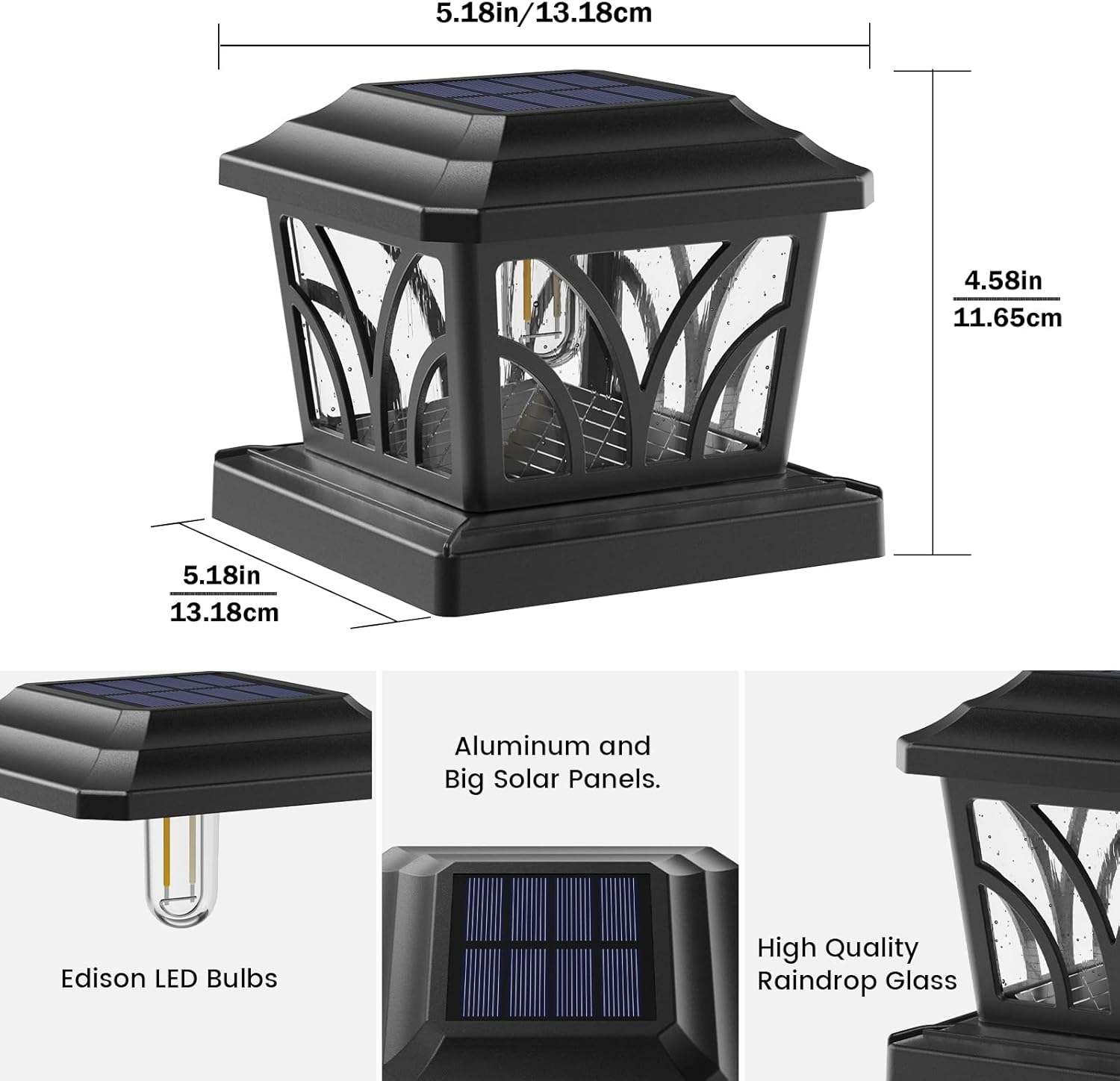 SIEDiNLAR Luces solares para exteriores, vidrio de aluminio, 2 modos, bombillas LED Edison para postes de madera  vinilo de 4 x 4, 5 x 5, 6 x 6,