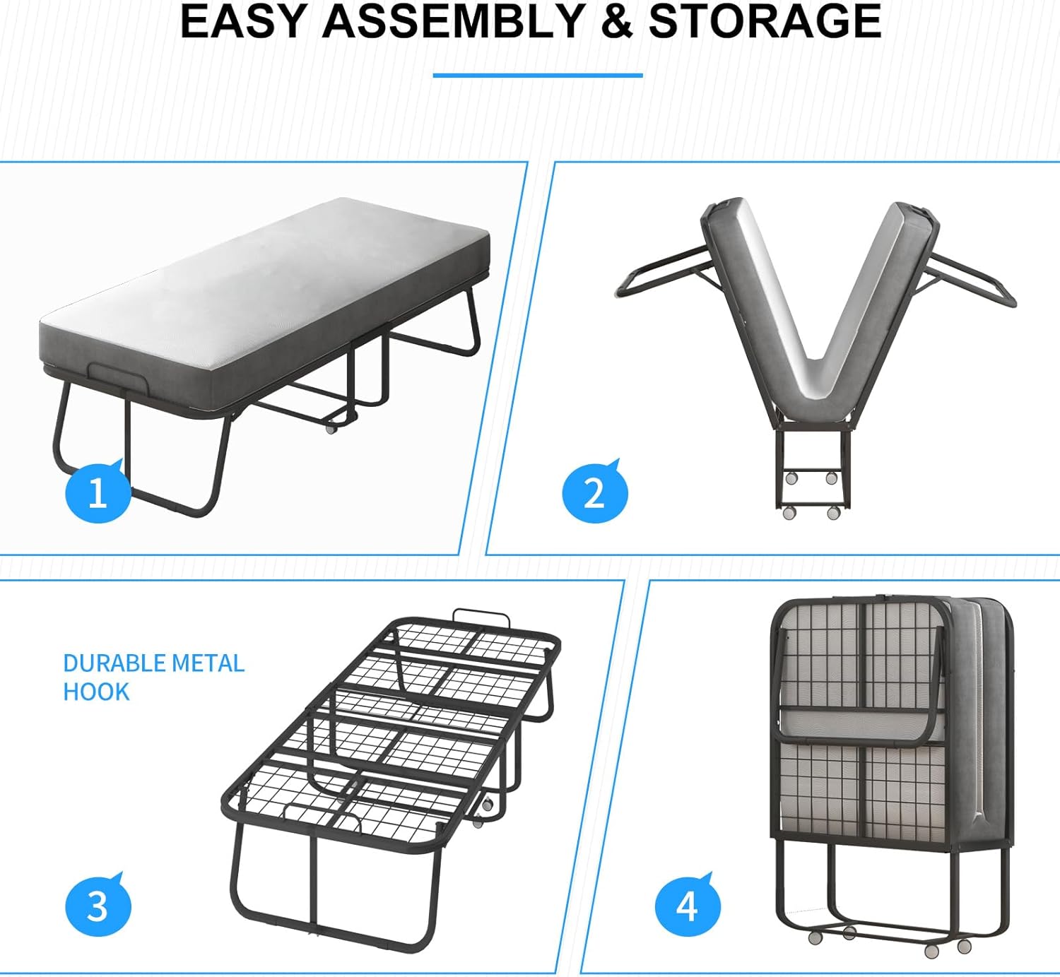 Cama plegable con colchón de 4 pulgadas incluido, cama temporal para invitados y familias, cama plegable que ahorra espacio con rodillos con