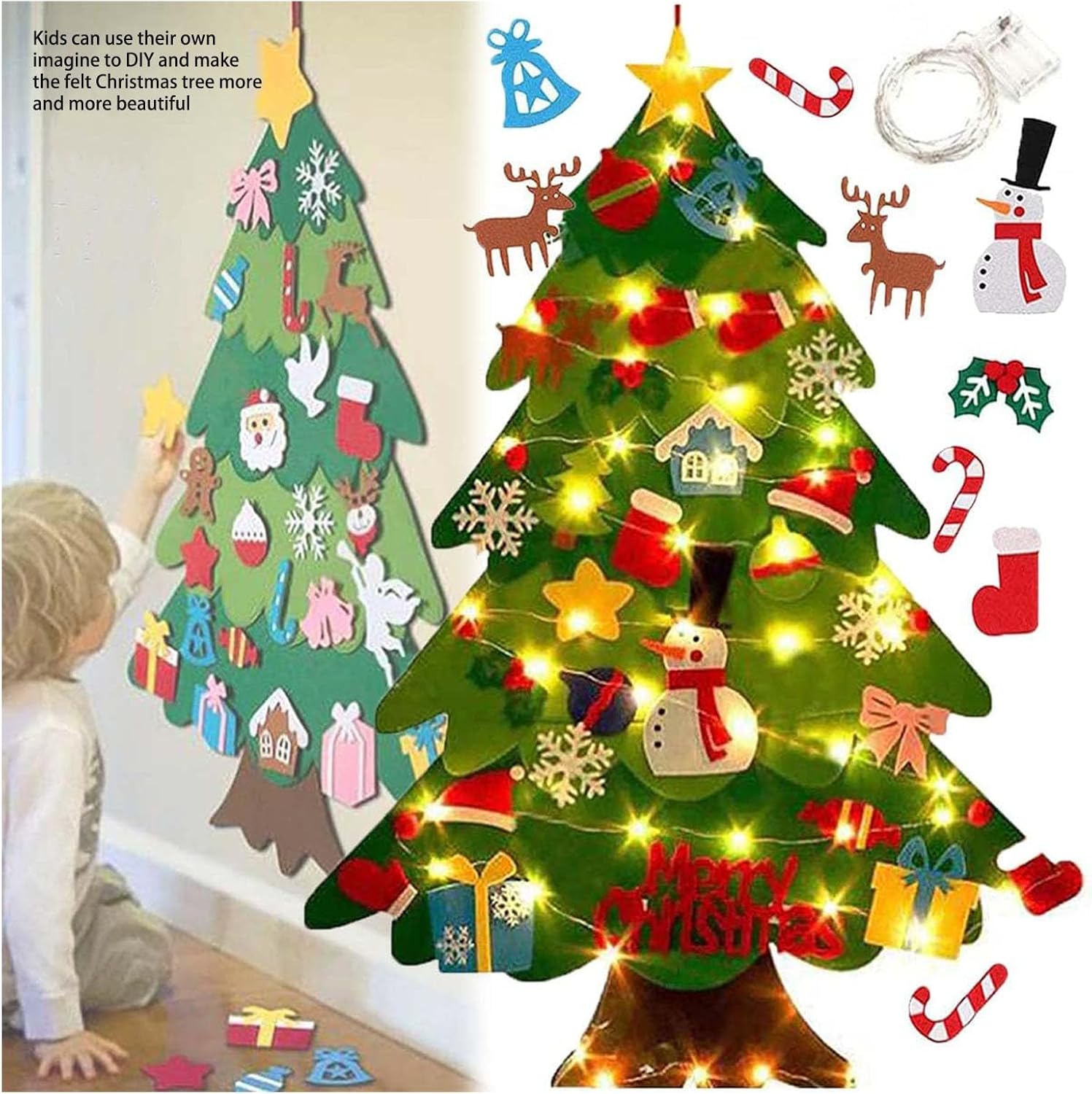 Juego de árbol de Navidad de fieltro para bricolaje, 32 piezas de adornos para colgar en la pared con luz LED, se puede reutilizar el árbol de