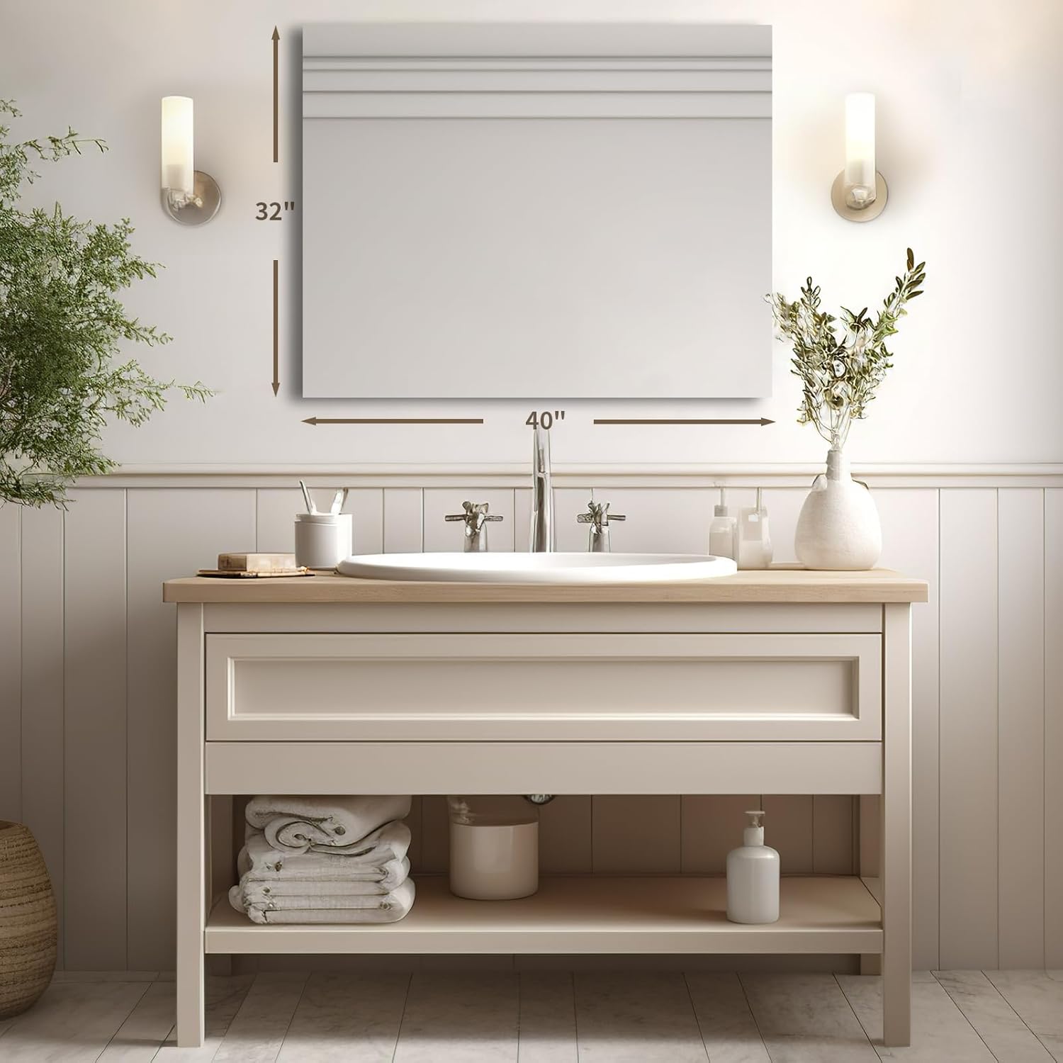 Espejo de tocador de baño de 40 x 32 pulgadas, espejo sin marco con borde pulido, se cuelga horizontal o verticalmente. Espejo de baño inastillable