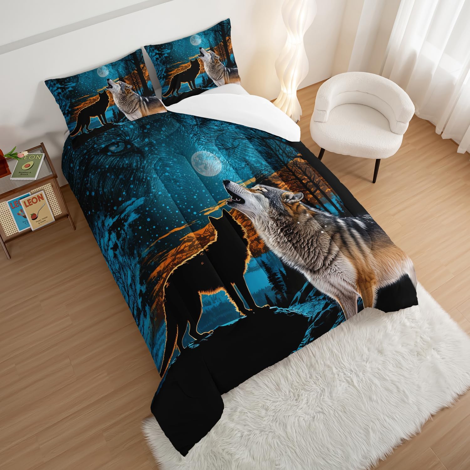 HOSIMA Edredón de lobo salvaje, ropa de cama con estampado de animales del bosque con 2 fundas de almohada, juego de ropa de cama de lobo, árbol y