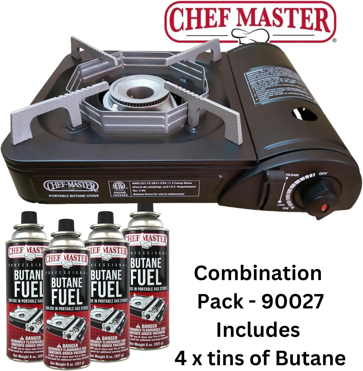 Chef Master 90027 Estufa de butano portátil con 4 latas de combustible de butano  Estufa de gas portátil con funda de transporte resistente  No