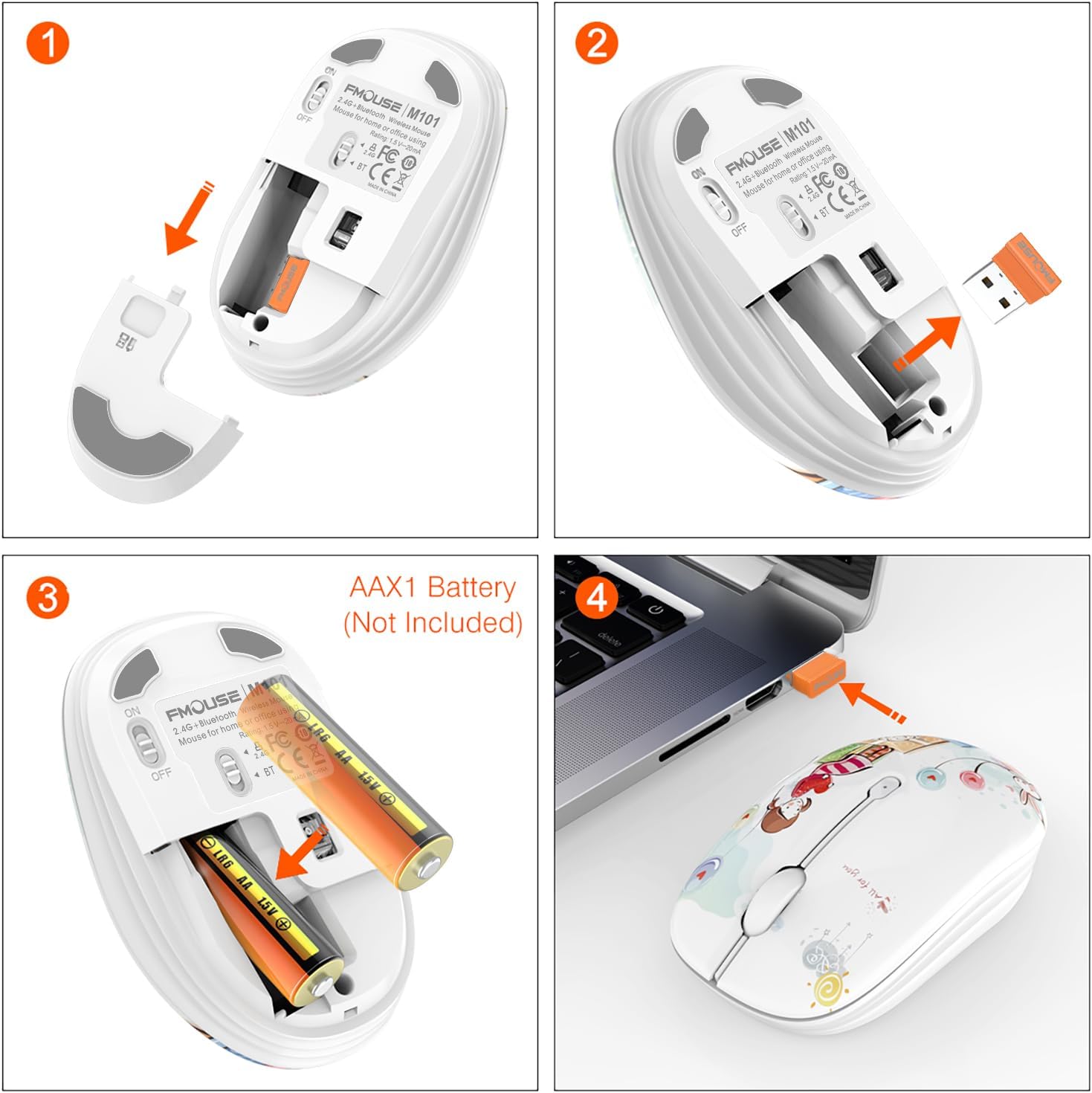 Lindo ratón inalámbrico, silencioso modo dual Bluetooth ratones para portátil, iPad, Comupter, tableta con receptor USB (niña)